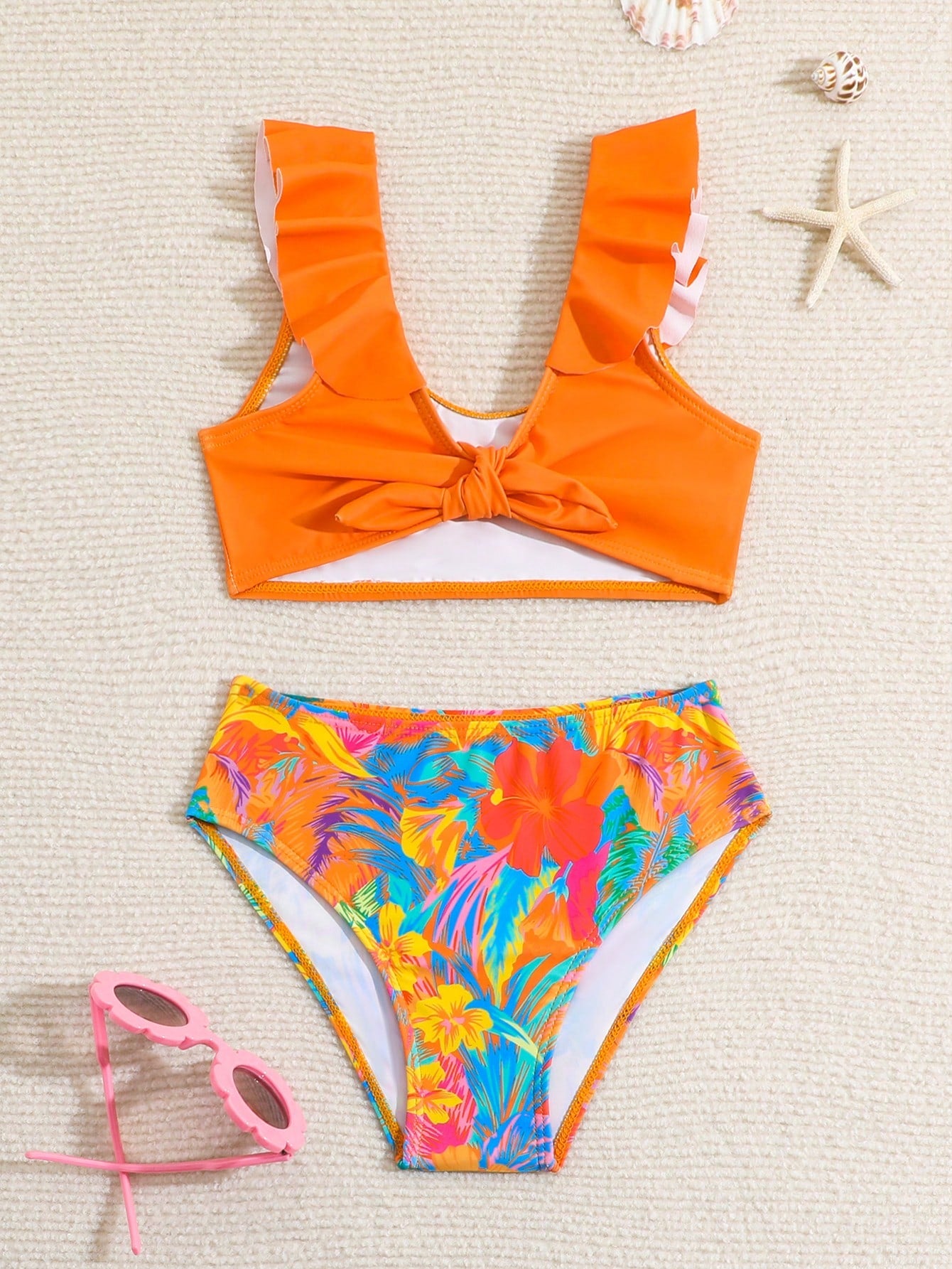 Young Girl Floral Print Ruffle Trim Knot Bikini Set Summer Beach