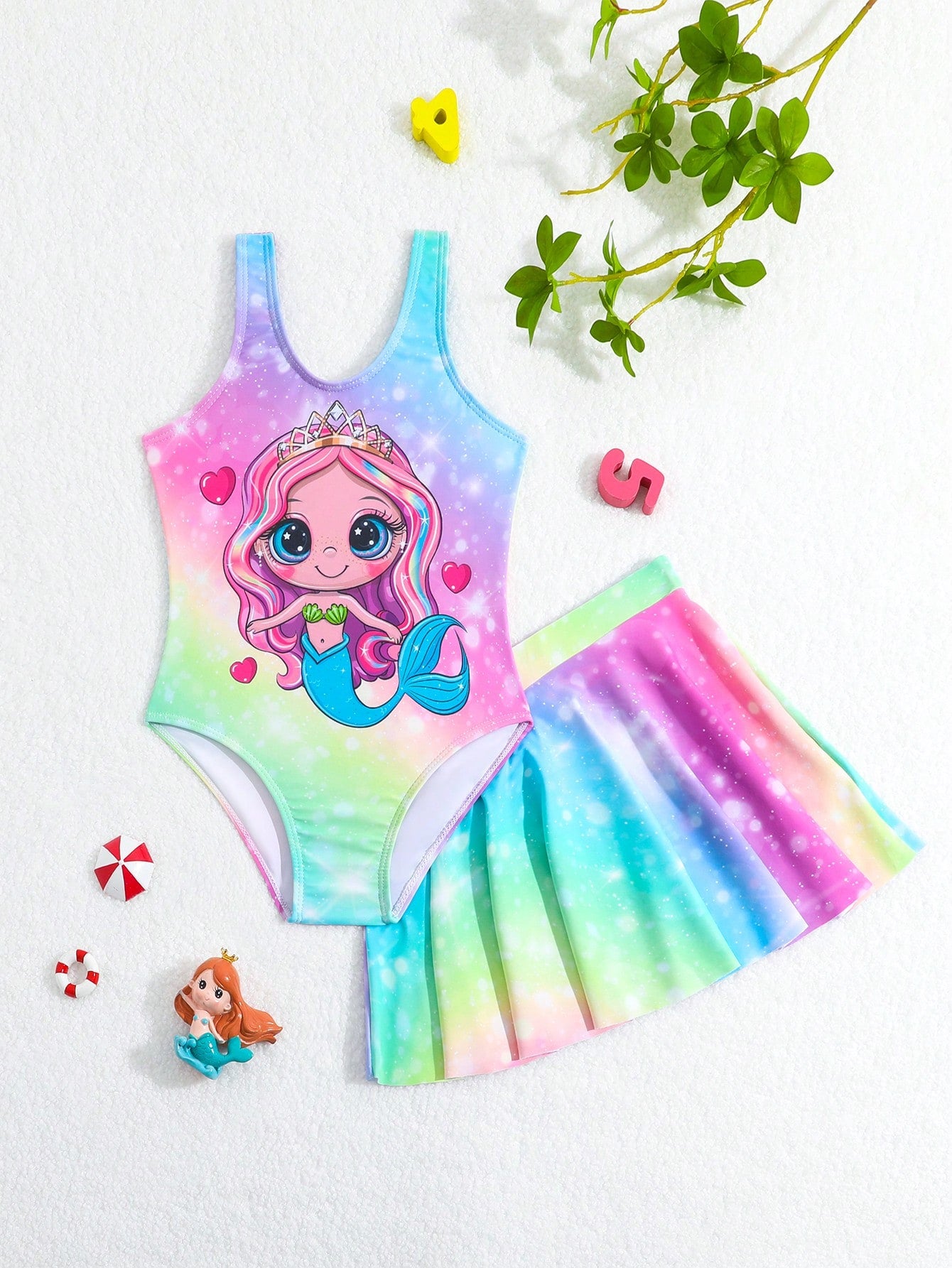 Young Girls' Cartoon Mermaid Pattern Sleeveless One-Piece Swimsuit With Cover-Up Skirt