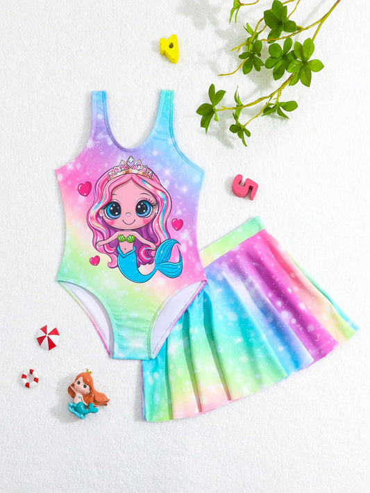 Young Girls' Cartoon Mermaid Pattern Sleeveless One-Piece Swimsuit With Cover-Up Skirt