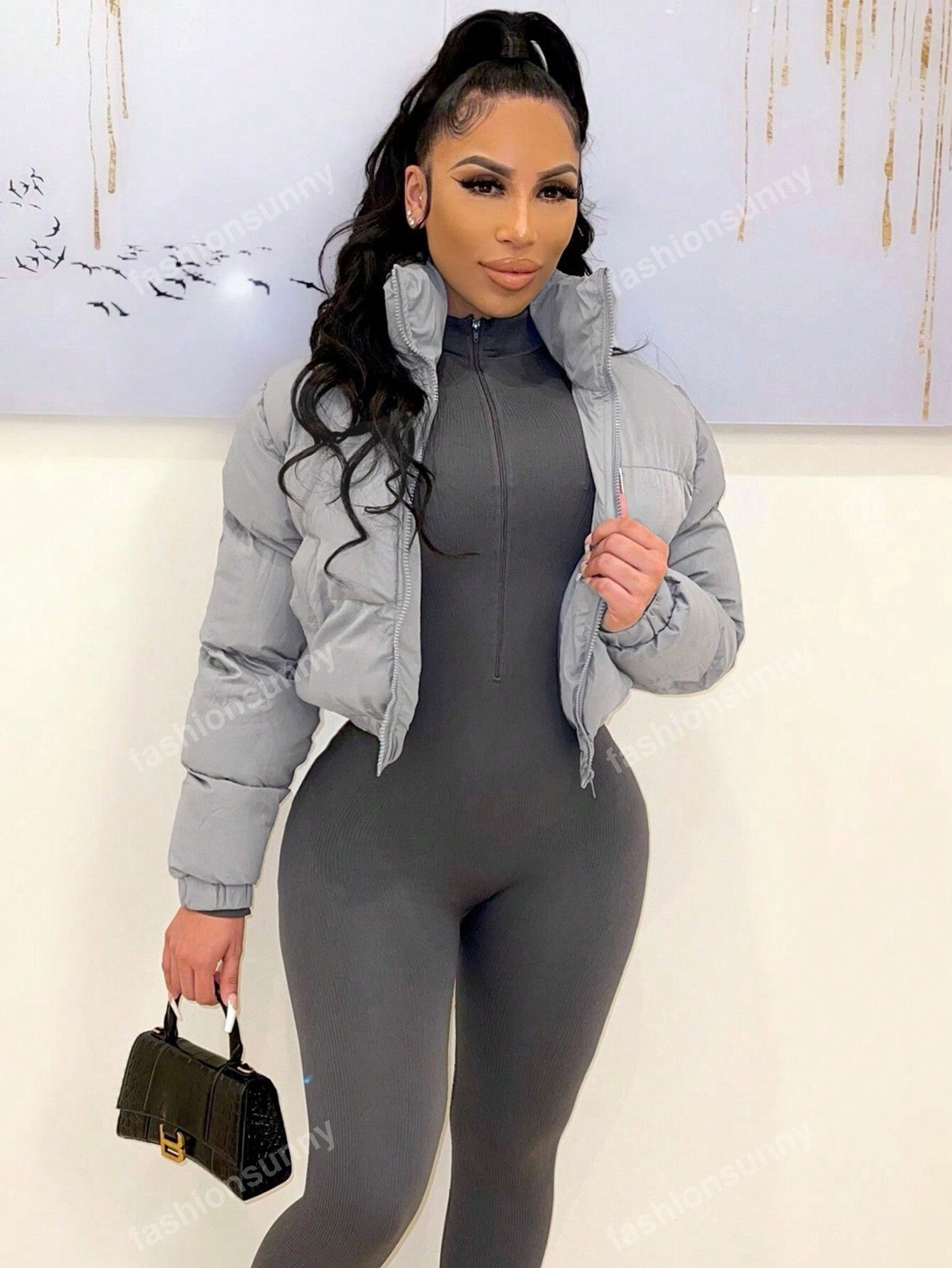 Solid Zip Up Crop Winter Coat