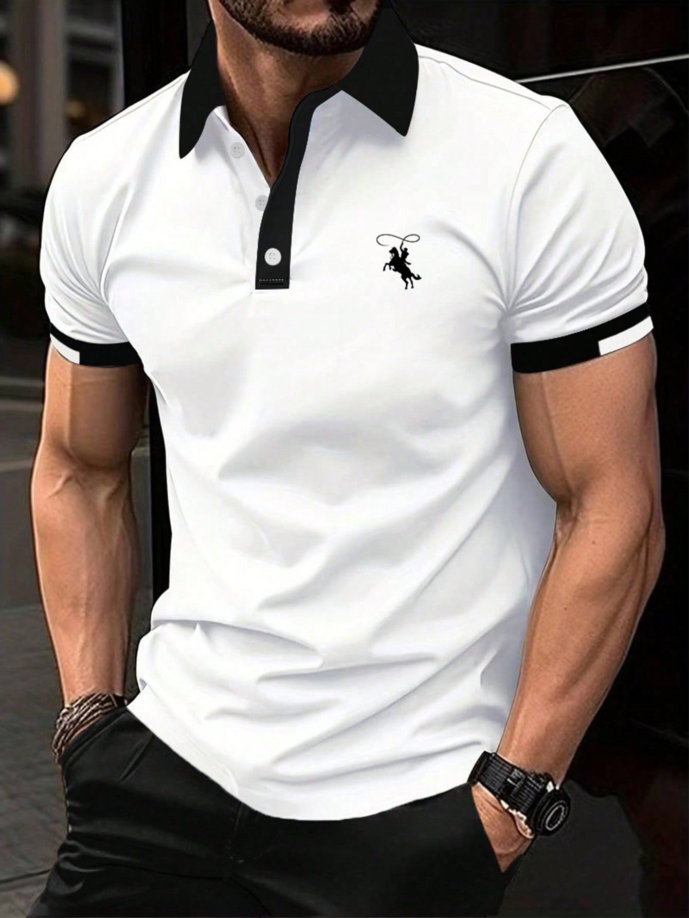 Men Horse Graphic Contrast Trim Polo Shirt