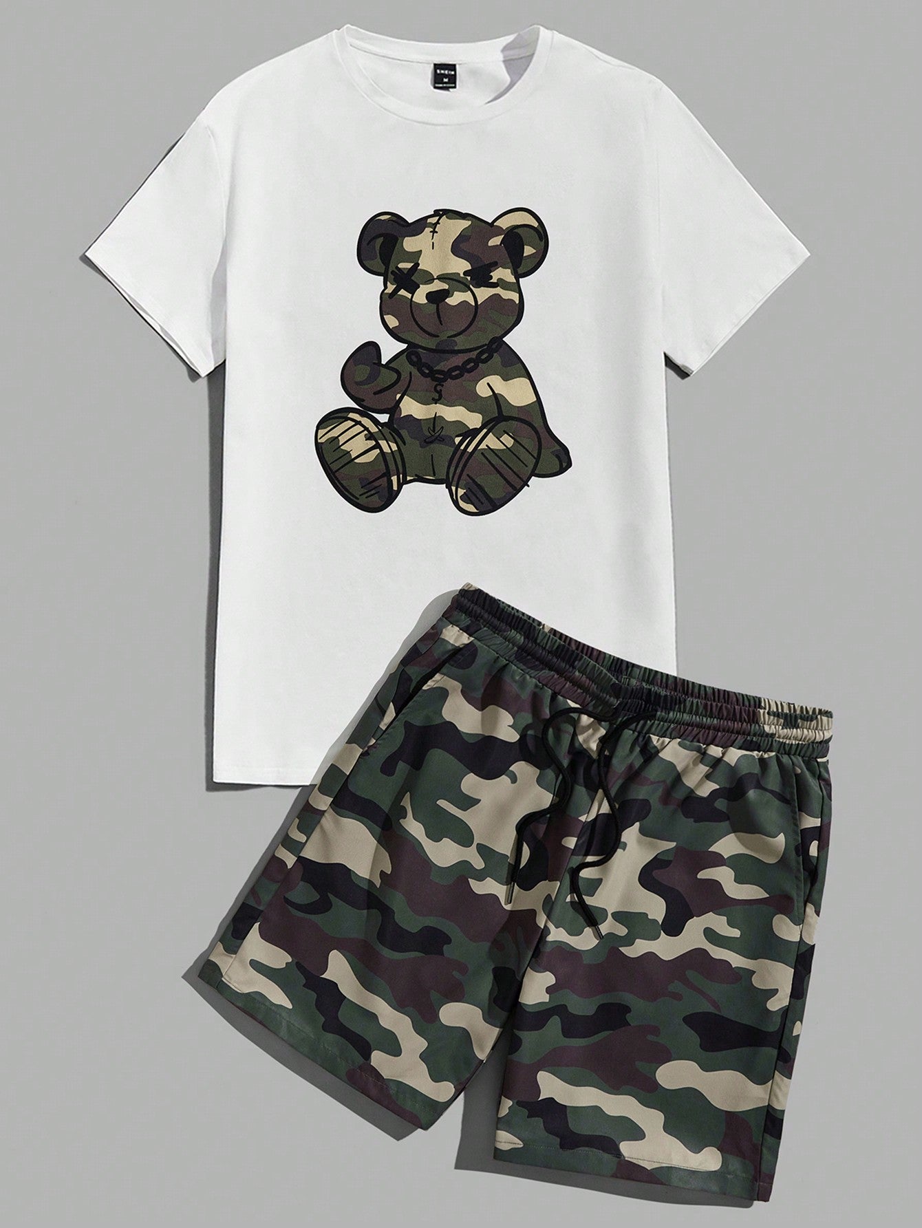 Men's Camouflage Bear Printed Short Sleeve Anime T-Shirt And Shorts Set