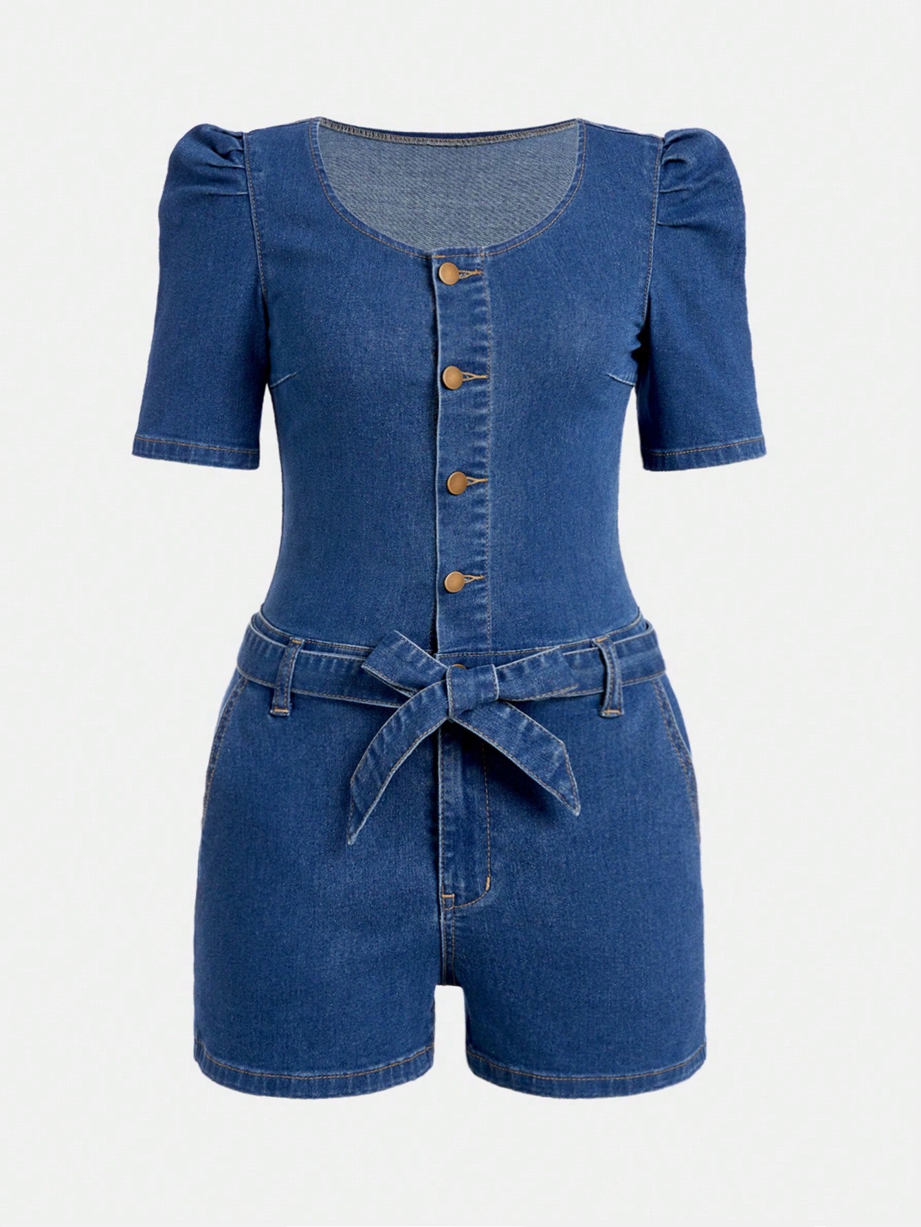 Teen Girls' Short Puff Sleeve Single Breasted Denim Romper