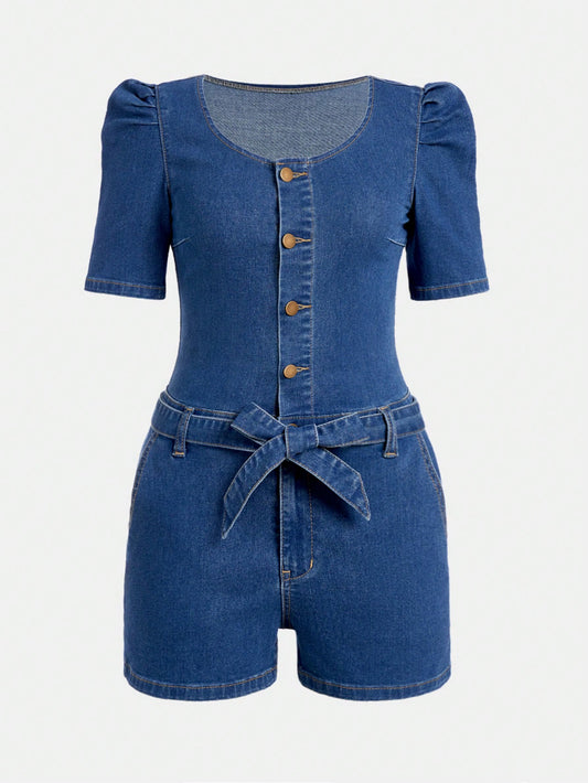 Teen Girls' Short Puff Sleeve Single Breasted Denim Romper