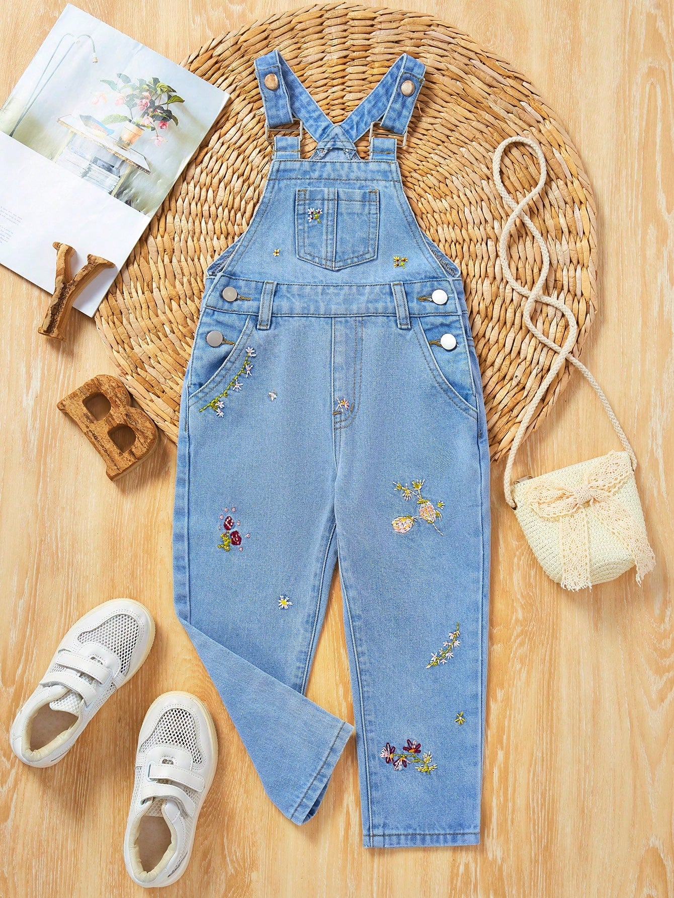 Young Girl Embroidered Denim Overalls