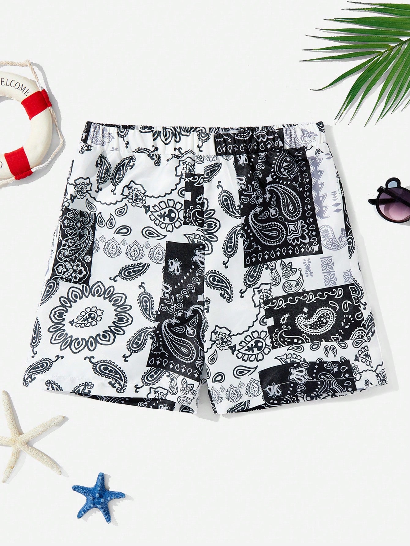 Tween Boy's Casual Vacation Style Loose Weave Beach Swim Shorts With All Over Print