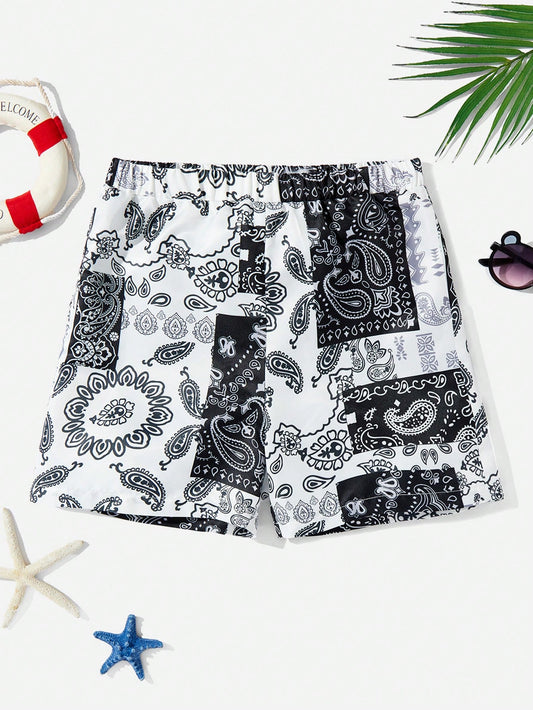 Tween Boy's Casual Vacation Style Loose Weave Beach Swim Shorts With All Over Print