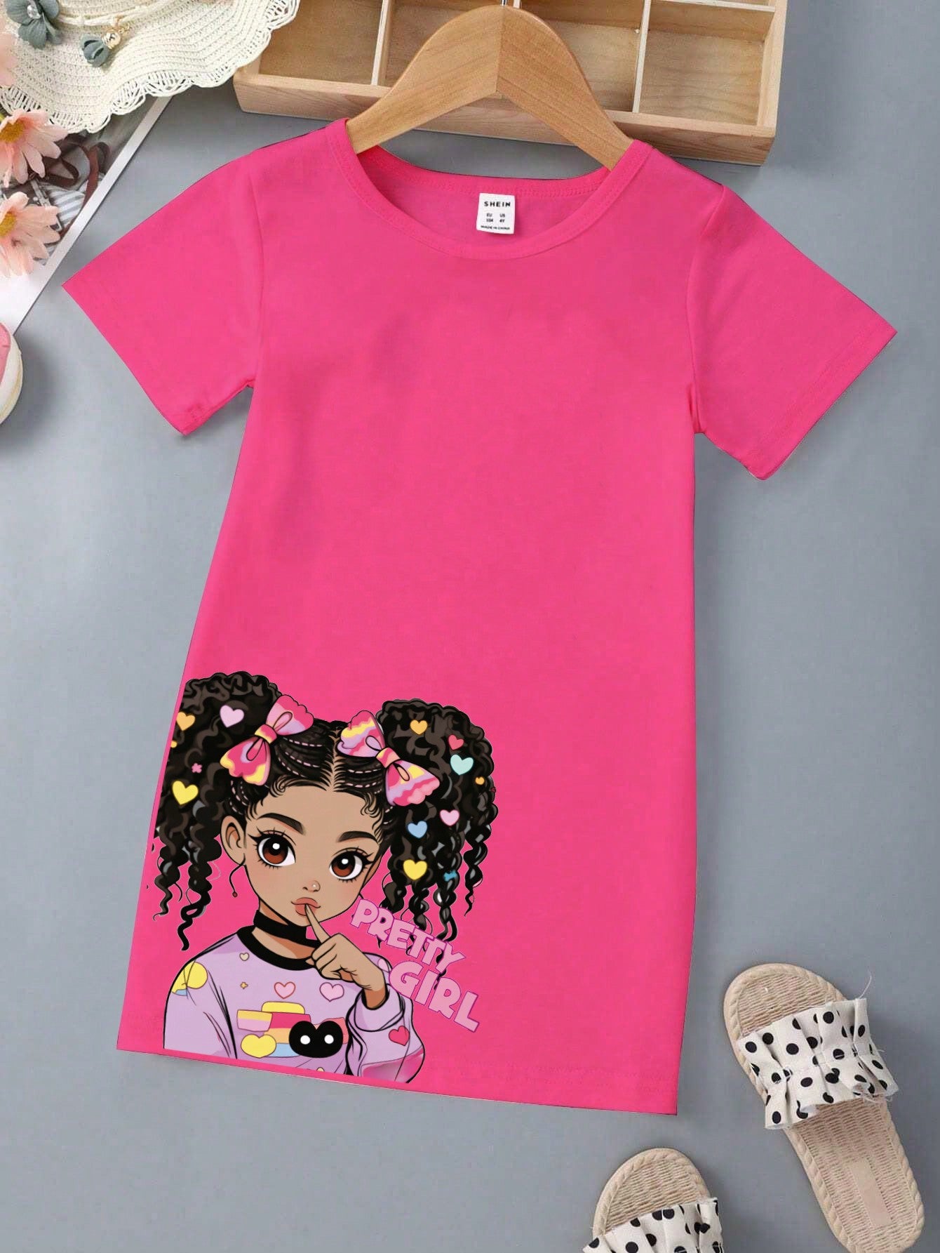 Young Girl Cartoon Girl Letter Print Short Sleeve Dress