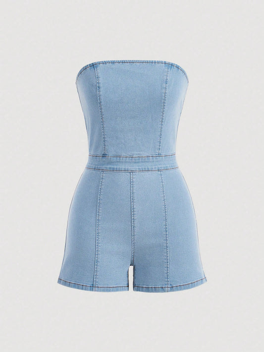 Women's Light Blue Washed Denim Strapless Romper