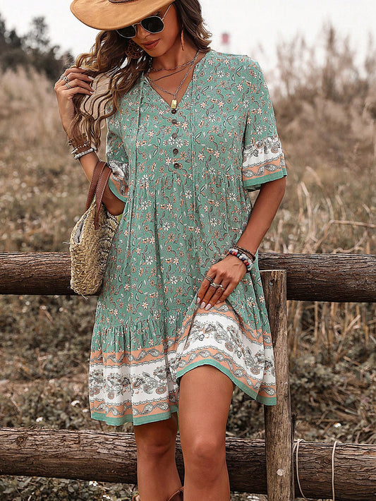 Frenchy Floral Print Tie-Waist Bell Sleeve Dress