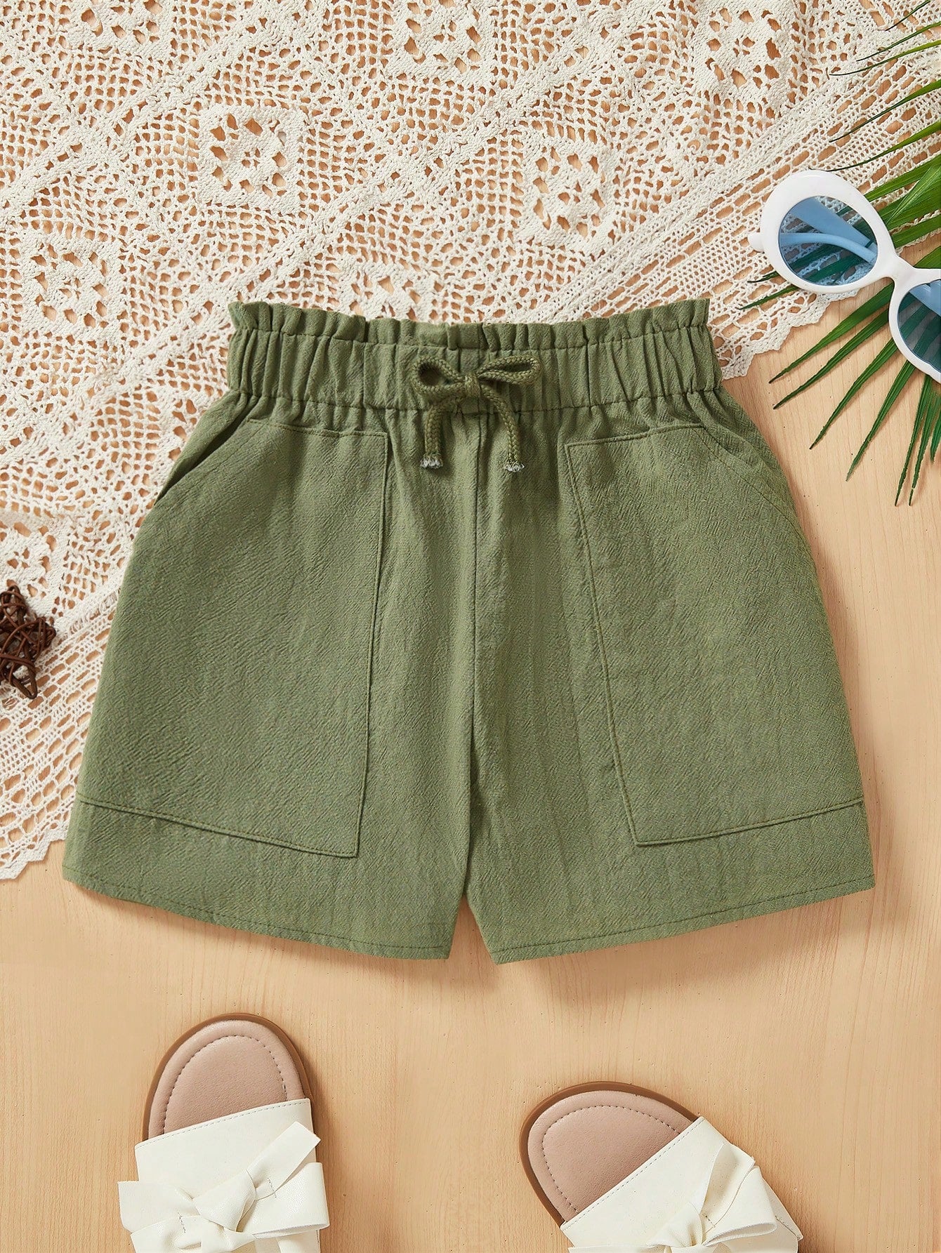 Tween Girls' Casual Solid Color Shorts With Ruffle Edge, Elastic Waist, Bowknot Belt And Real Pockets For Summer