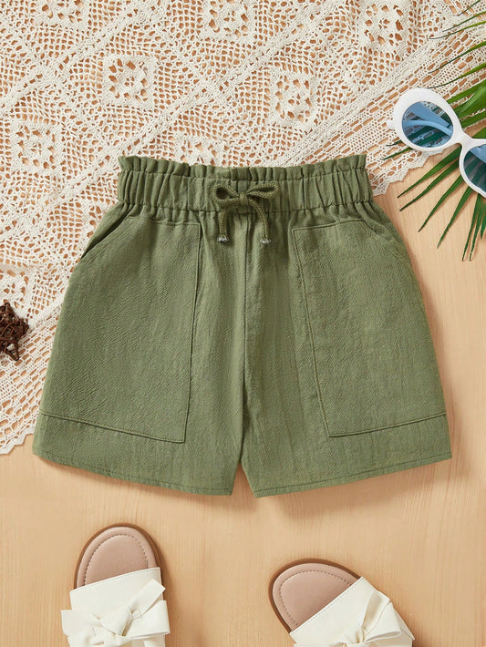 Tween Girls' Casual Solid Color Shorts With Ruffle Edge, Elastic Waist, Bowknot Belt And Real Pockets For Summer