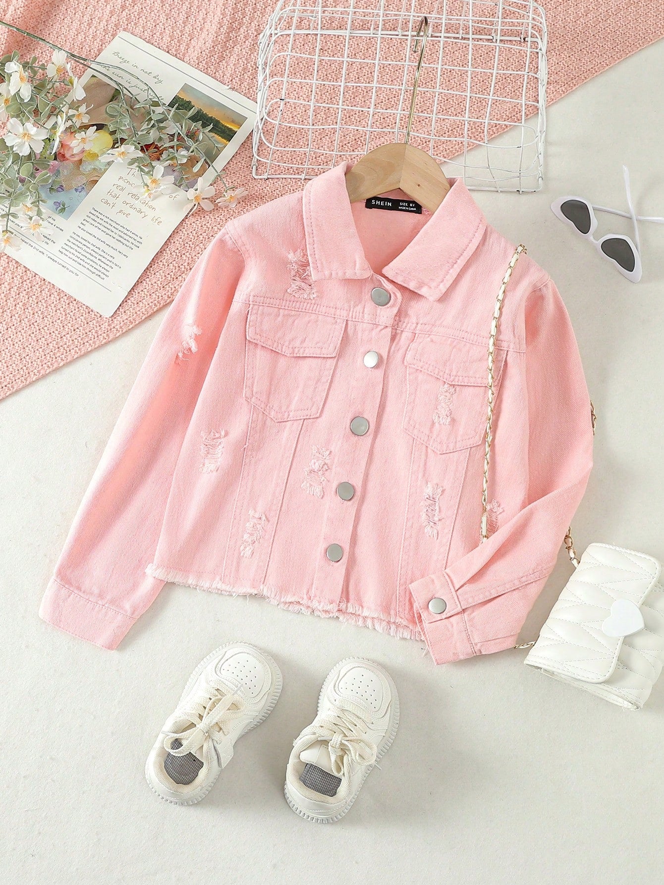 Tween Girls' Pink Distressed Long Sleeve Denim Jacket