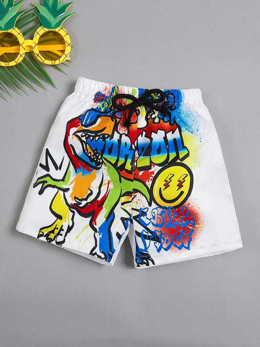 1pc Young Boys' Street Style Graffiti Letter, Smiling Face & Dinosaur Printed Beach Swim Trunk Square Leg Swimsuit, Suitable For Beach Vacation In Summer