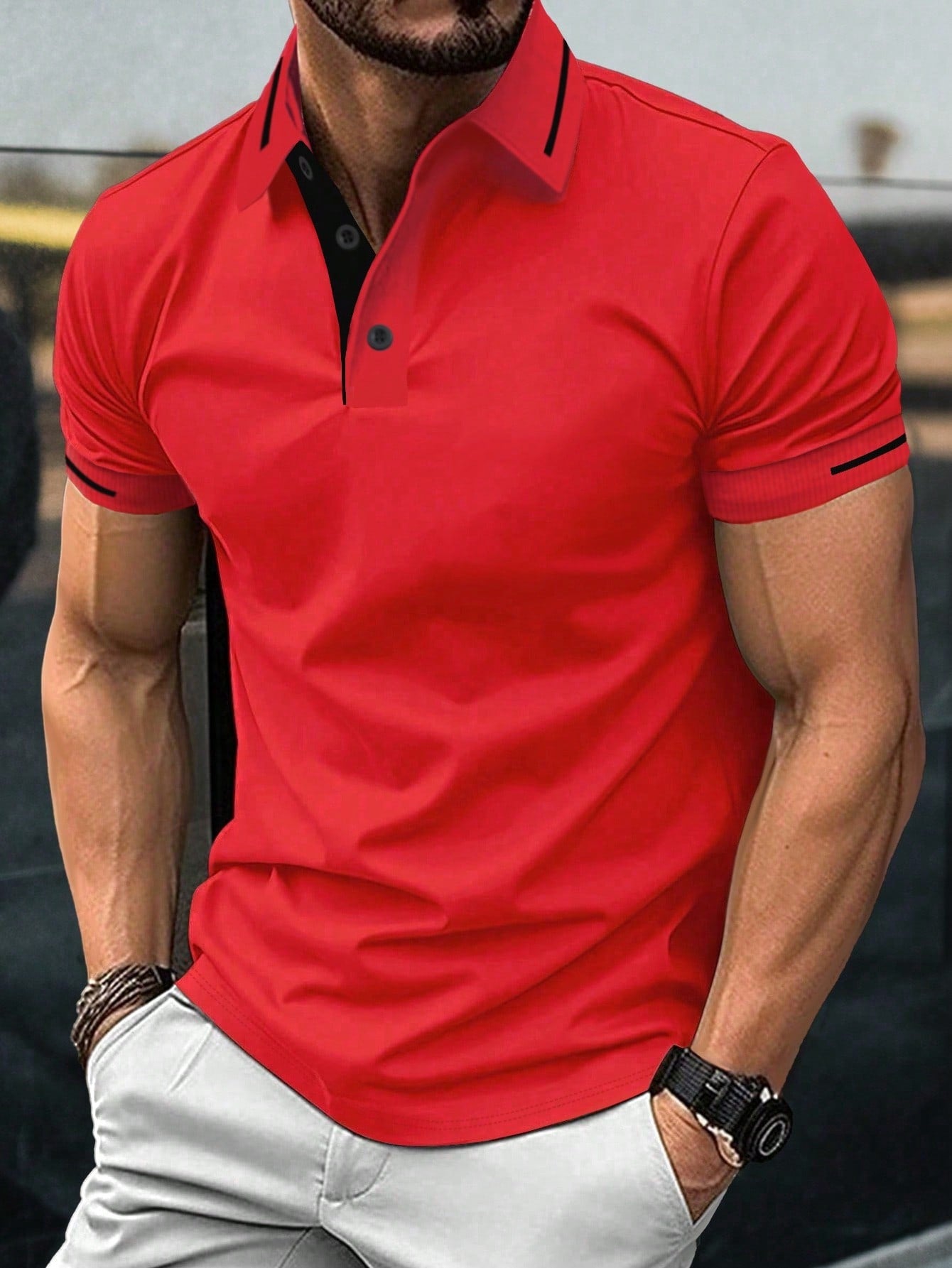 Men's Color Block Striped Polo Shirt