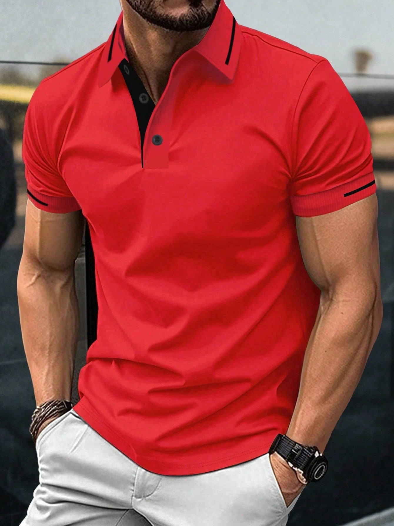 Men's Contrast Color Short Sleeve Polo Shirt With Decorative Details