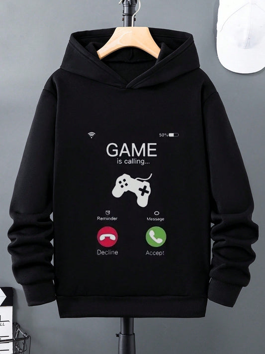 Tween Boy Gaming Controller & Letter Print Hooded Fleece Sweatshirt, Winter