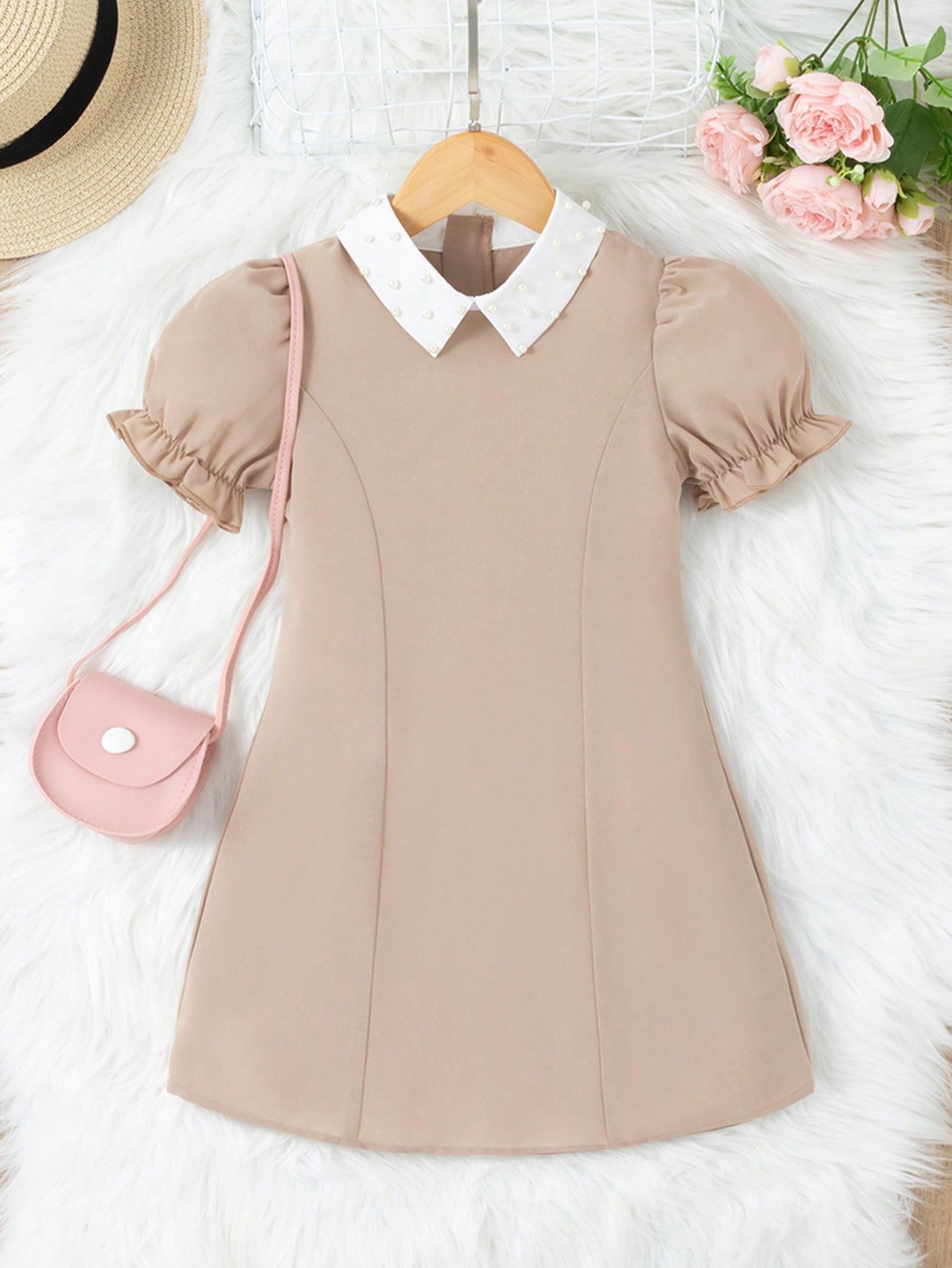 Young Girl Black Pearl-Embellished Peter Pan Collar Puff Sleeve Dress