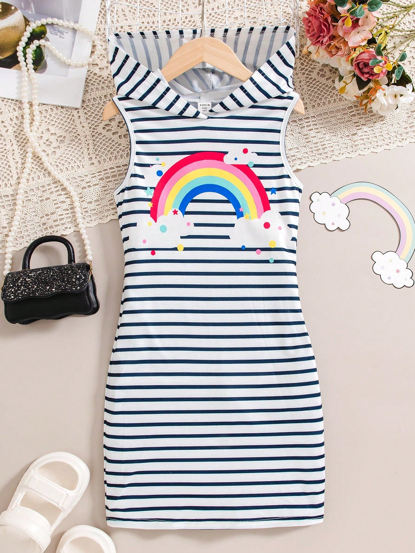 Tween Girls' Hooded Striped Rainbow Pattern Fashionable And Cute Tank Dress