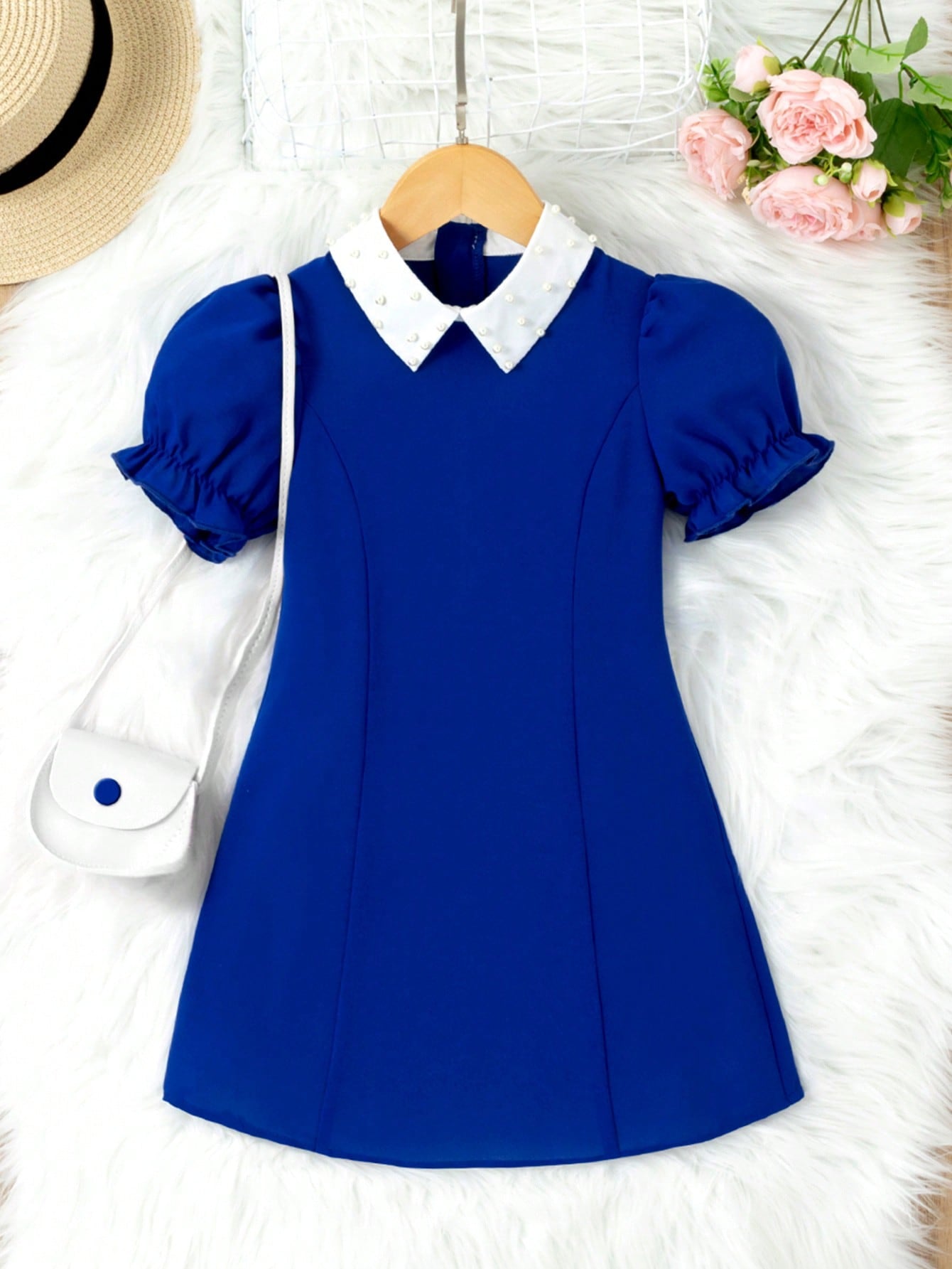 Young Girl Black Pearl-Embellished Peter Pan Collar Puff Sleeve Dress