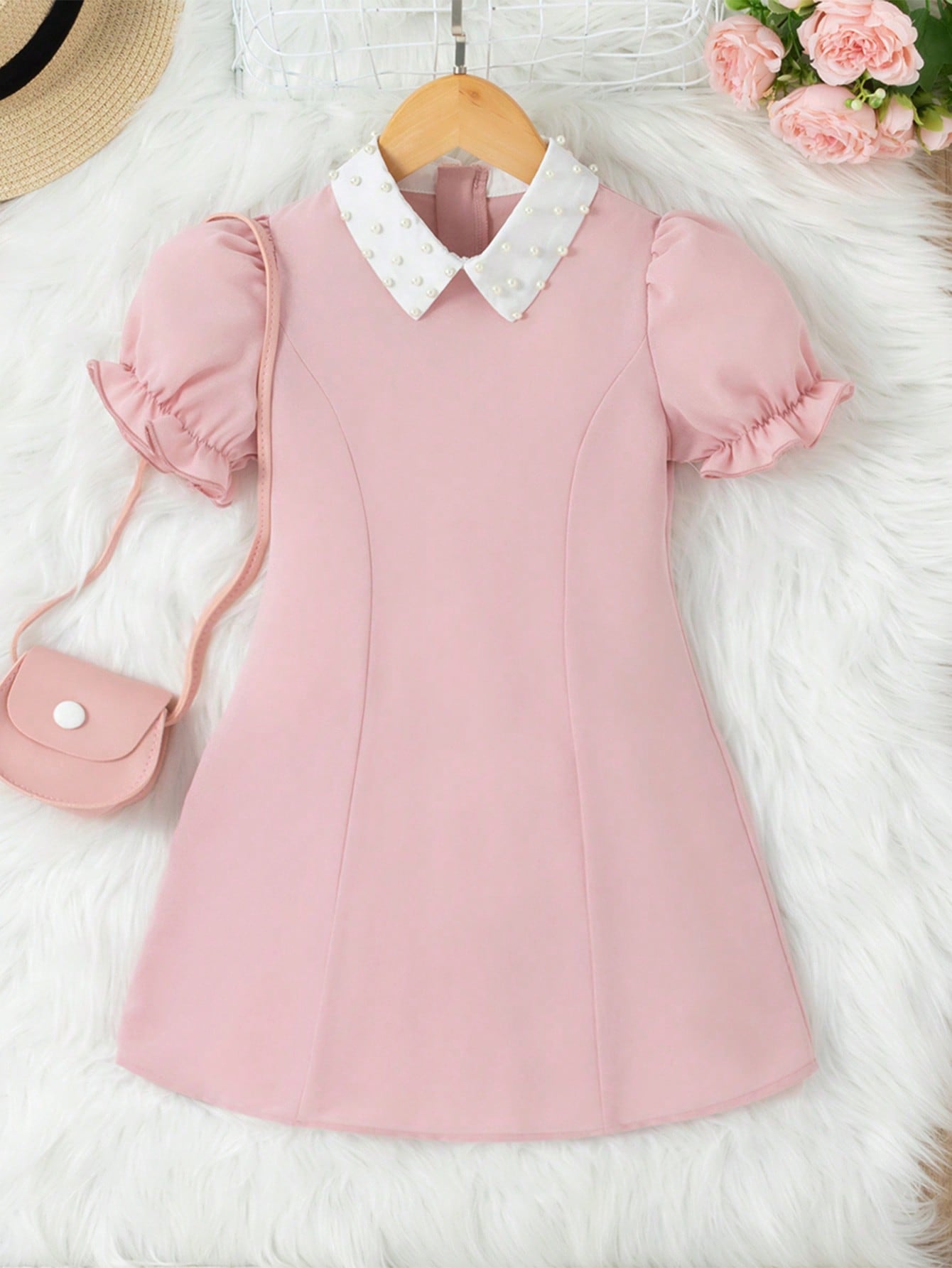 Young Girl Black Pearl-Embellished Peter Pan Collar Puff Sleeve Dress