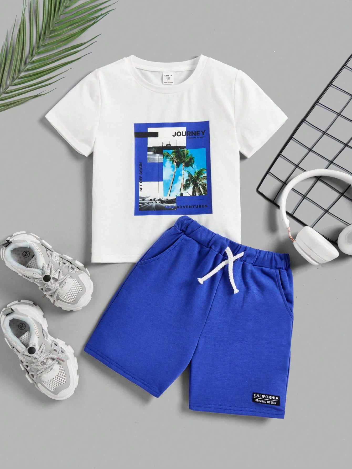 Young Boy Coconut Tree & Letter Graphic Tee & Shorts