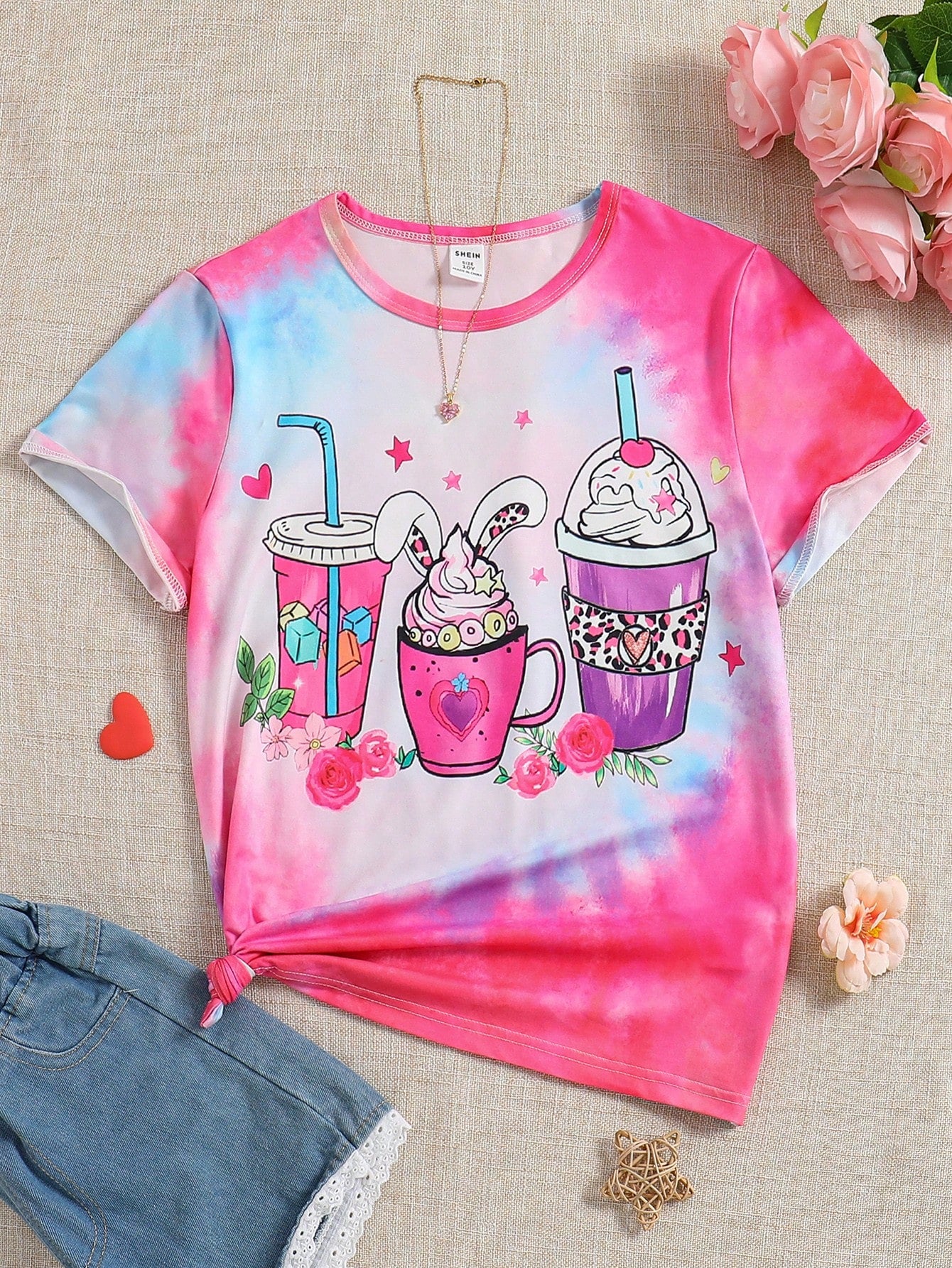 Tween Girl Tie-Dye Gradient Milk Tea Pattern Cute Summer T-Shirt