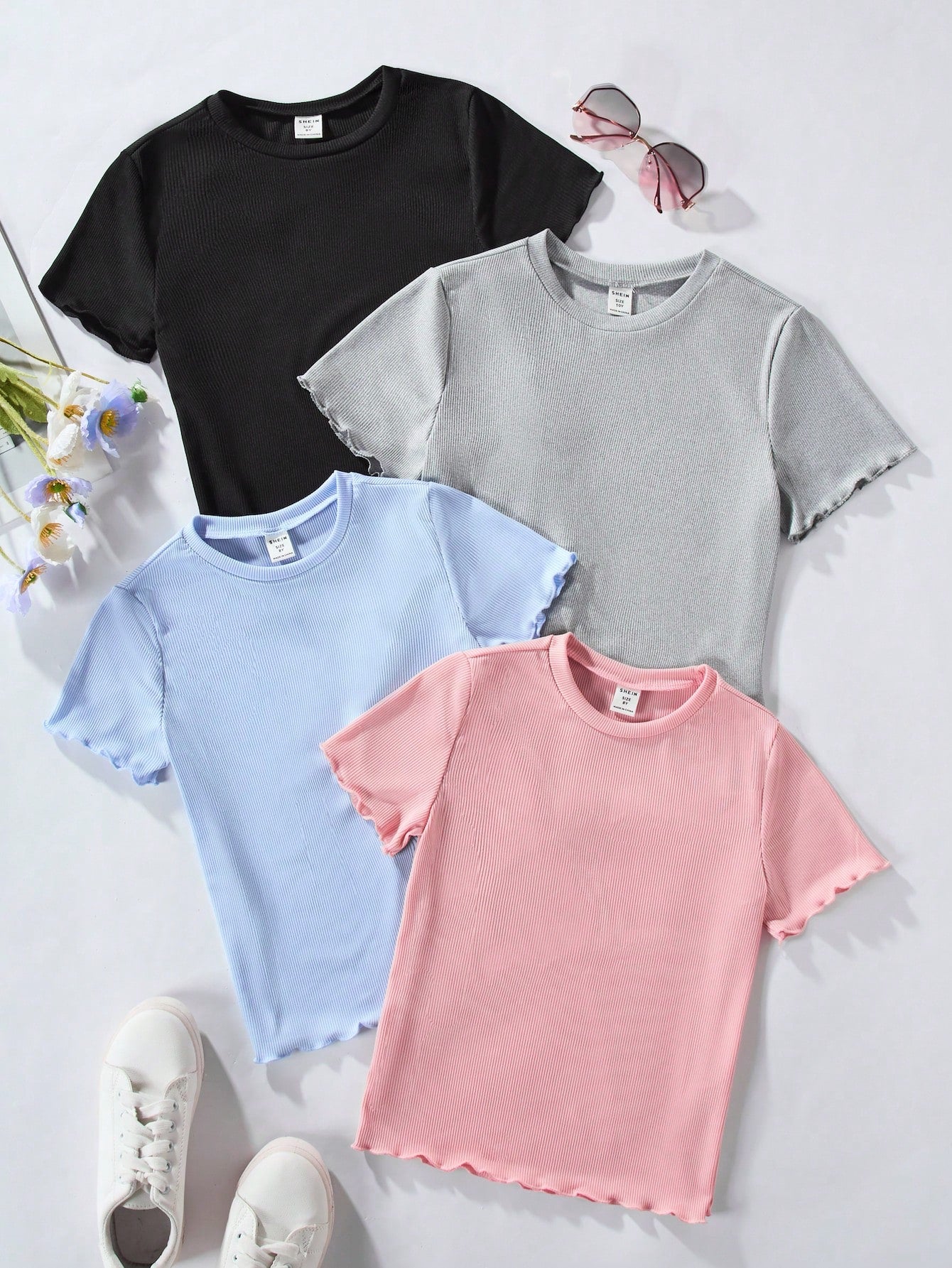 Tween Girls' Short Sleeve T-Shirt Set In Black, White, Blue And Pink, Made Of Ribbed Clean Fabric For A Versatile Summer Outfit