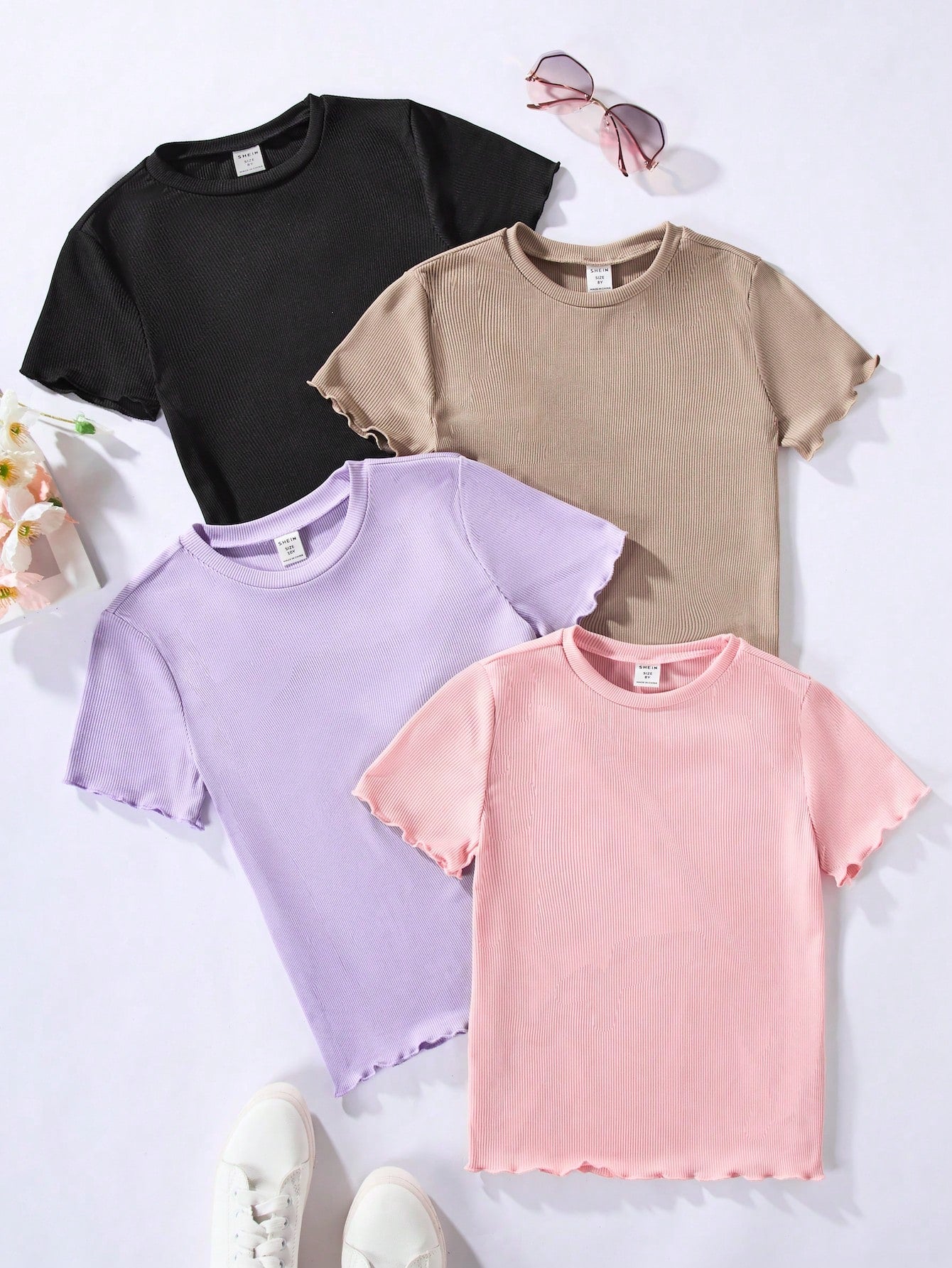 Tween Girls' Short Sleeve T-Shirt Set In Black, White, Blue And Pink, Made Of Ribbed Clean Fabric For A Versatile Summer Outfit