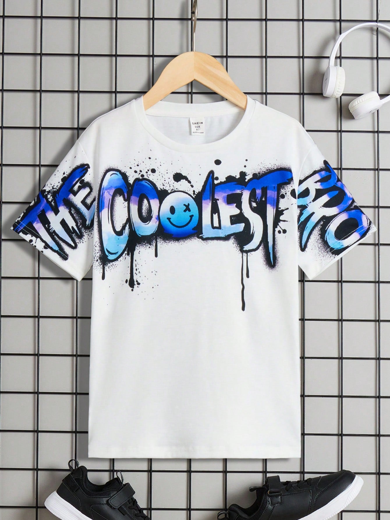 Tween Boy White Round Neck Knitted Casual Street Graffiti Letter Printed T-Shirt