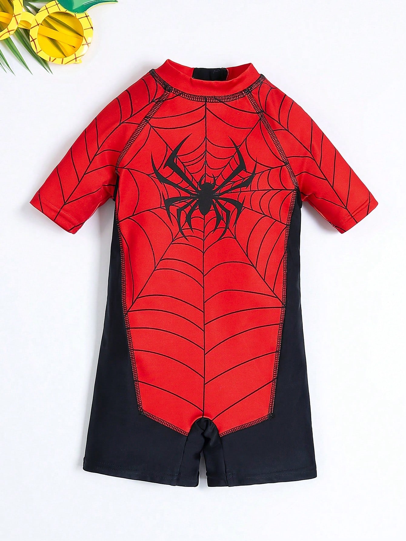 1pc Young Boys' Spider & Supeman Print One Piece Swimwear With Color Block Design, Suitable For Vacation Swimming In Spring/Summer