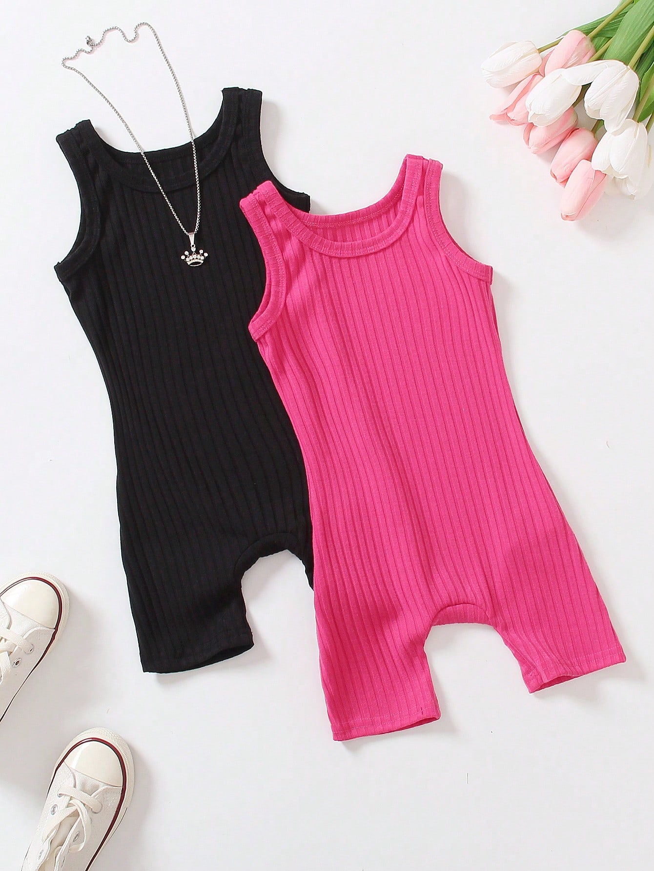 Young Girl 2pcs Ribbed Unitard Romper