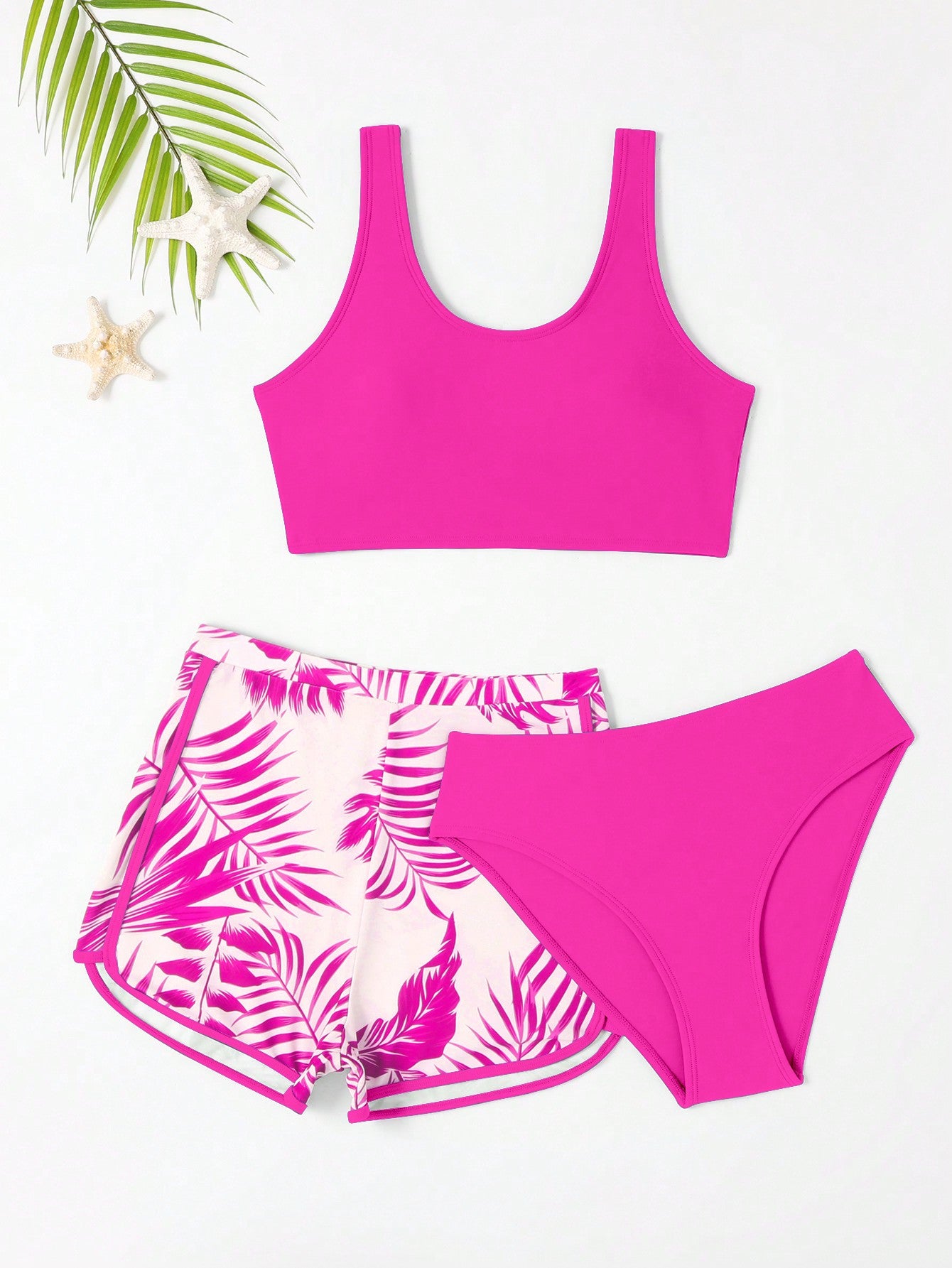 Teen Girls Tropical Print Bikini Set With Beach Shorts Summer Beach