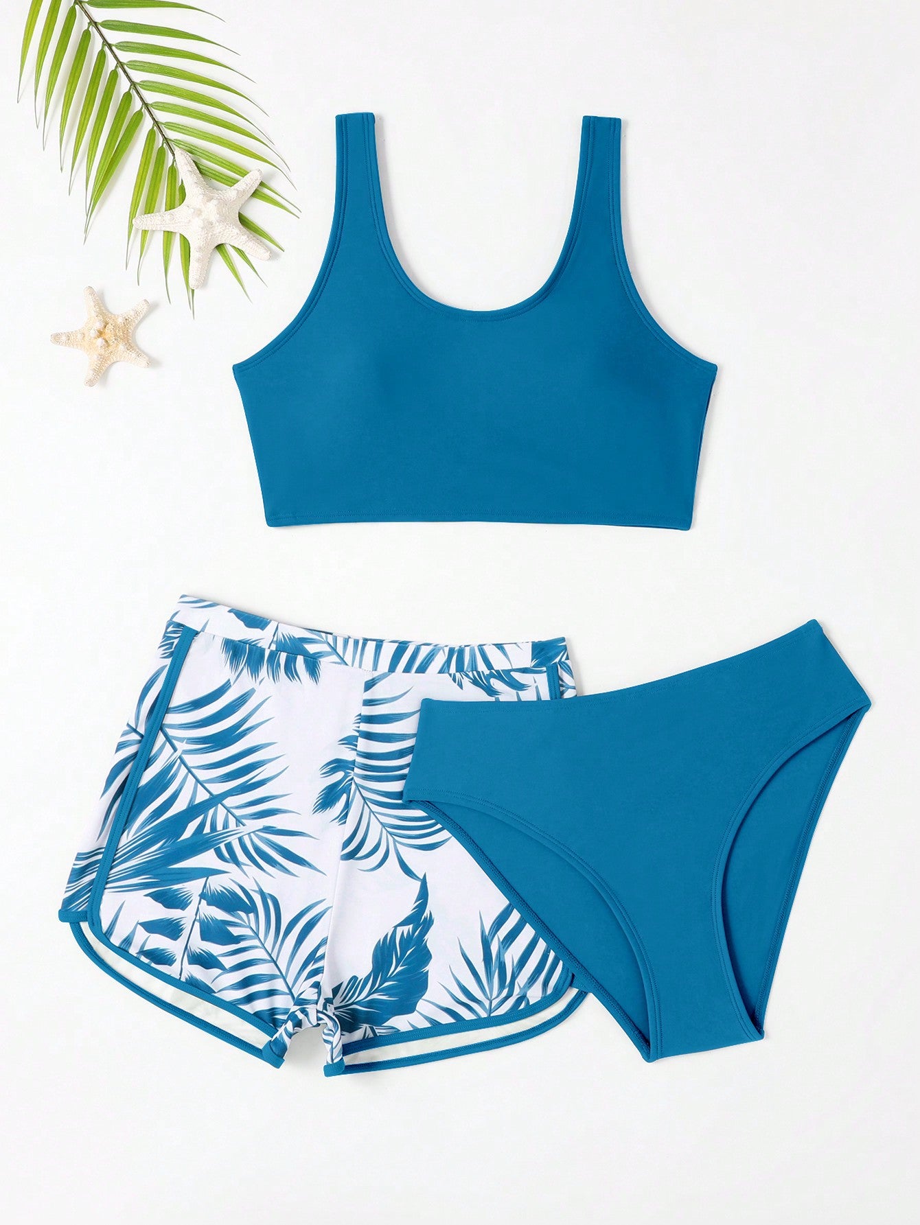 Teen Girls Tropical Print Bikini Set With Beach Shorts Summer Beach