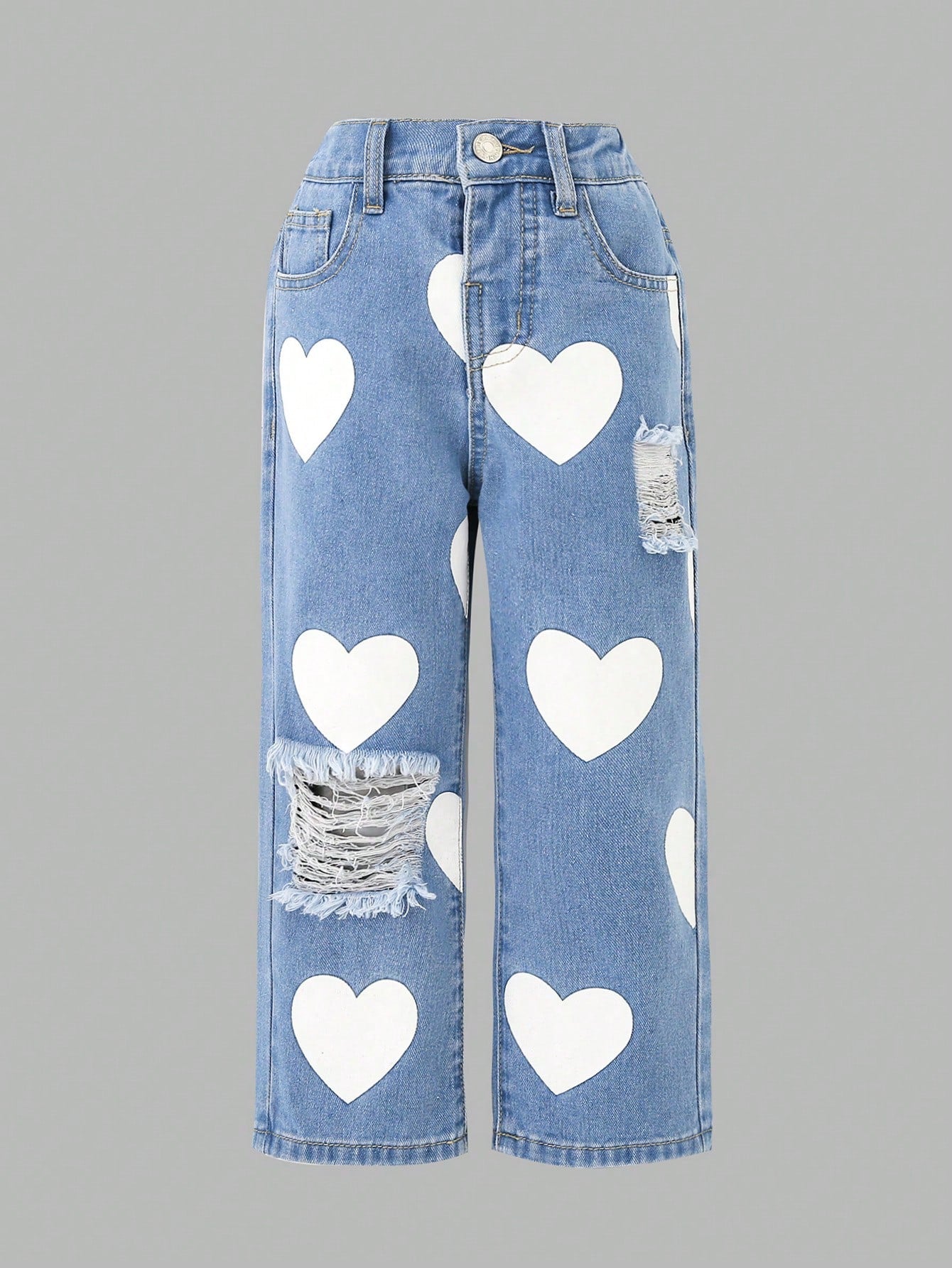 Girls Heart Print Simple Casual Denim Jeans