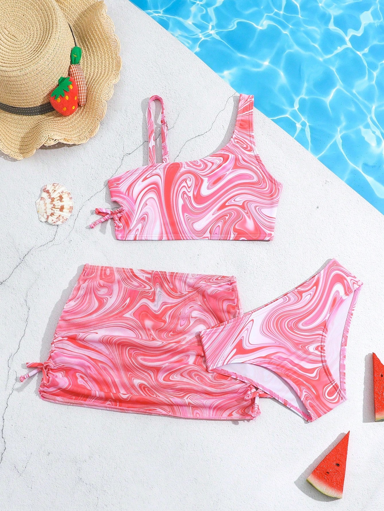 Young Girl Asymmetrical Print Oblique Shoulder Bikini Set Matching Set Summer Beach