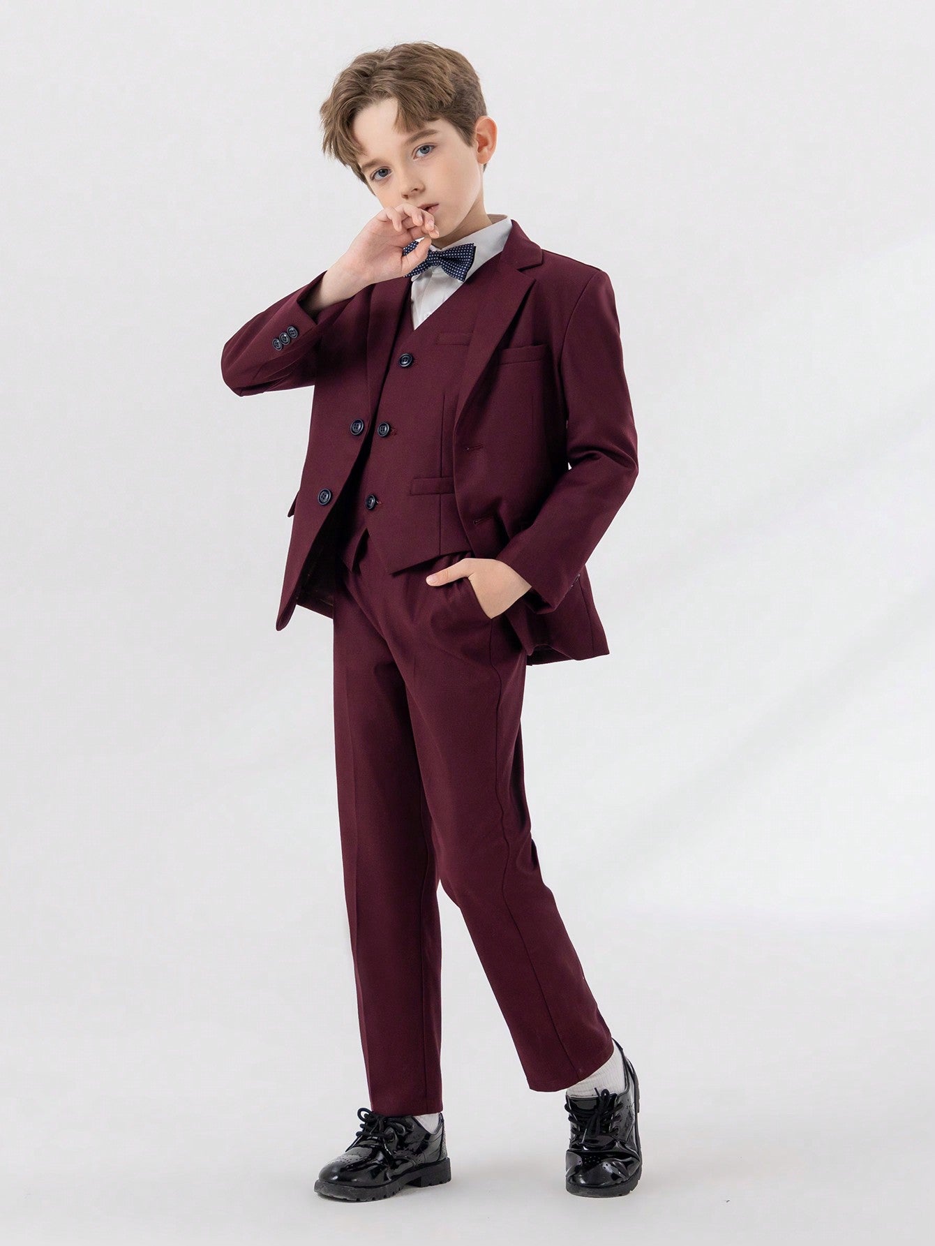 Young Boy 4pcs Gentleman Formal Suit Set With Lapel Jacket, Vest, Pants And Necktie, Spring