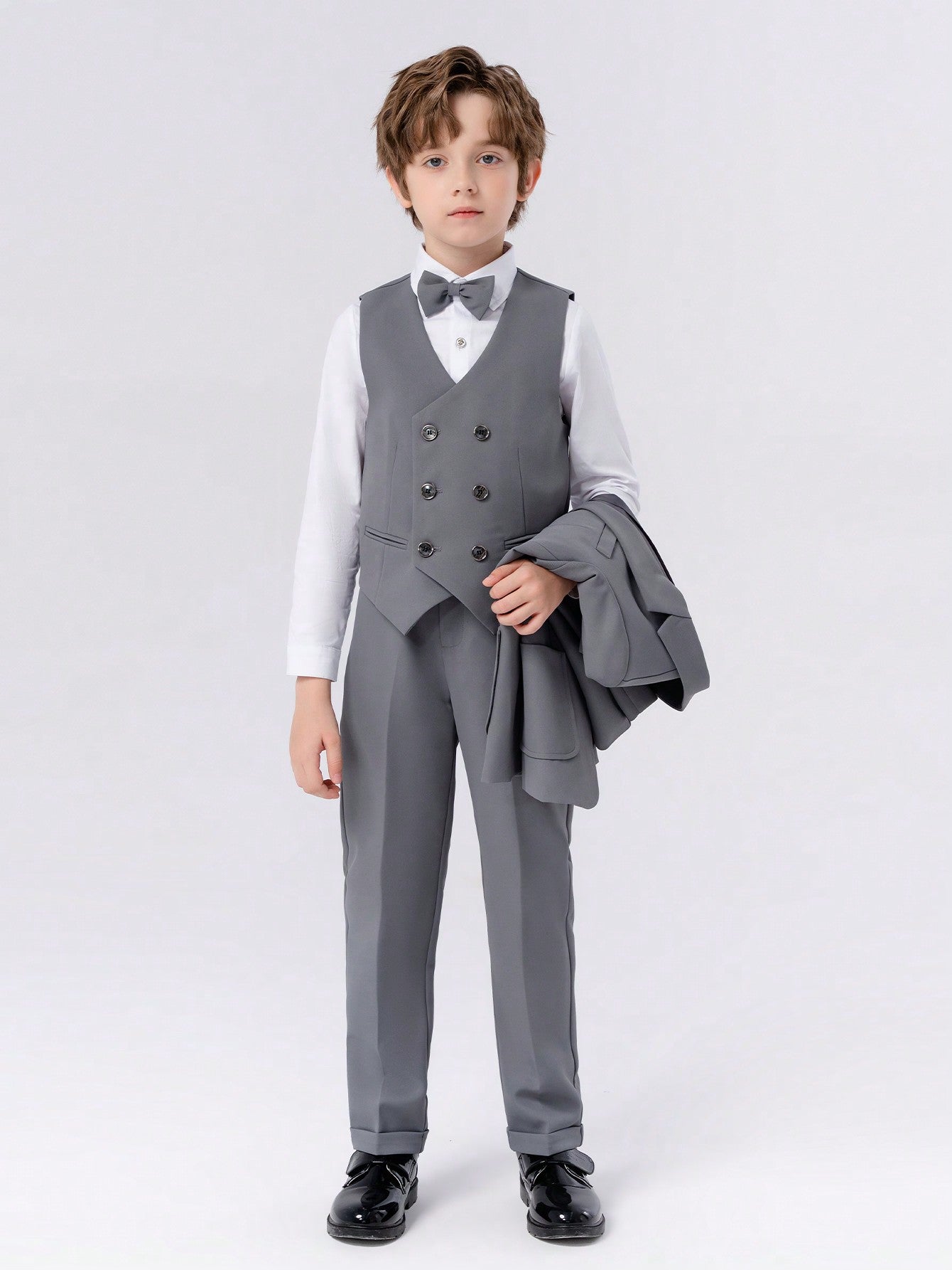 4pcs Young Boy Suit Set For New Year Day, Gentleman Suit Coat, Vest, Pants And Bow Tie Set, Spring