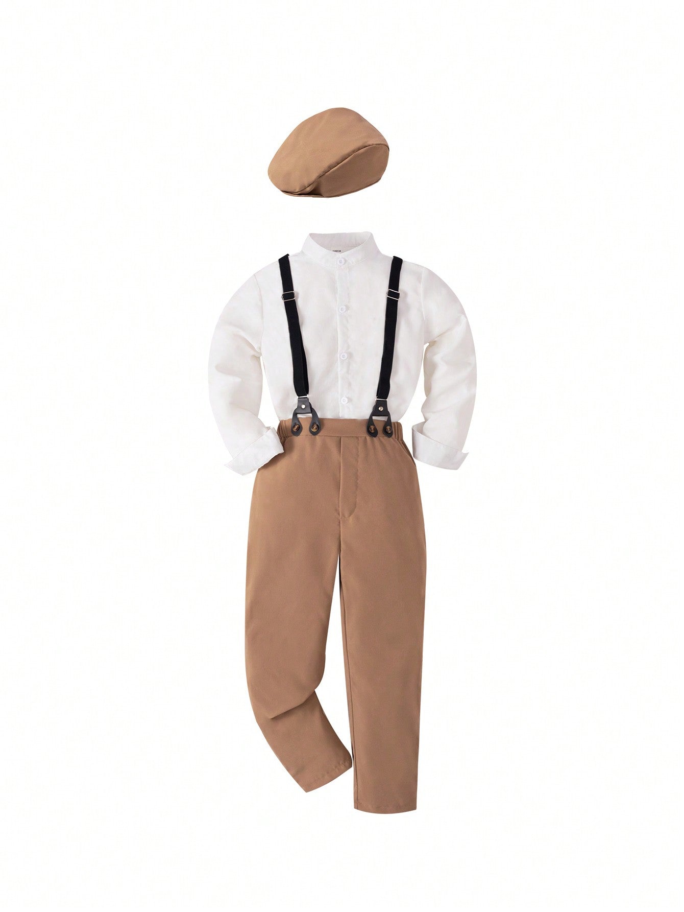 Tween Boy Gentleman Suit Three-Piece Set: Hat, Solid Color Shirt And Shorts With Belt And Bow Tie, With Suspenders, Suitable For Birthday Parties, Evening Events, Weddings, Baptisms, First Birthday Celebrations, Etc.