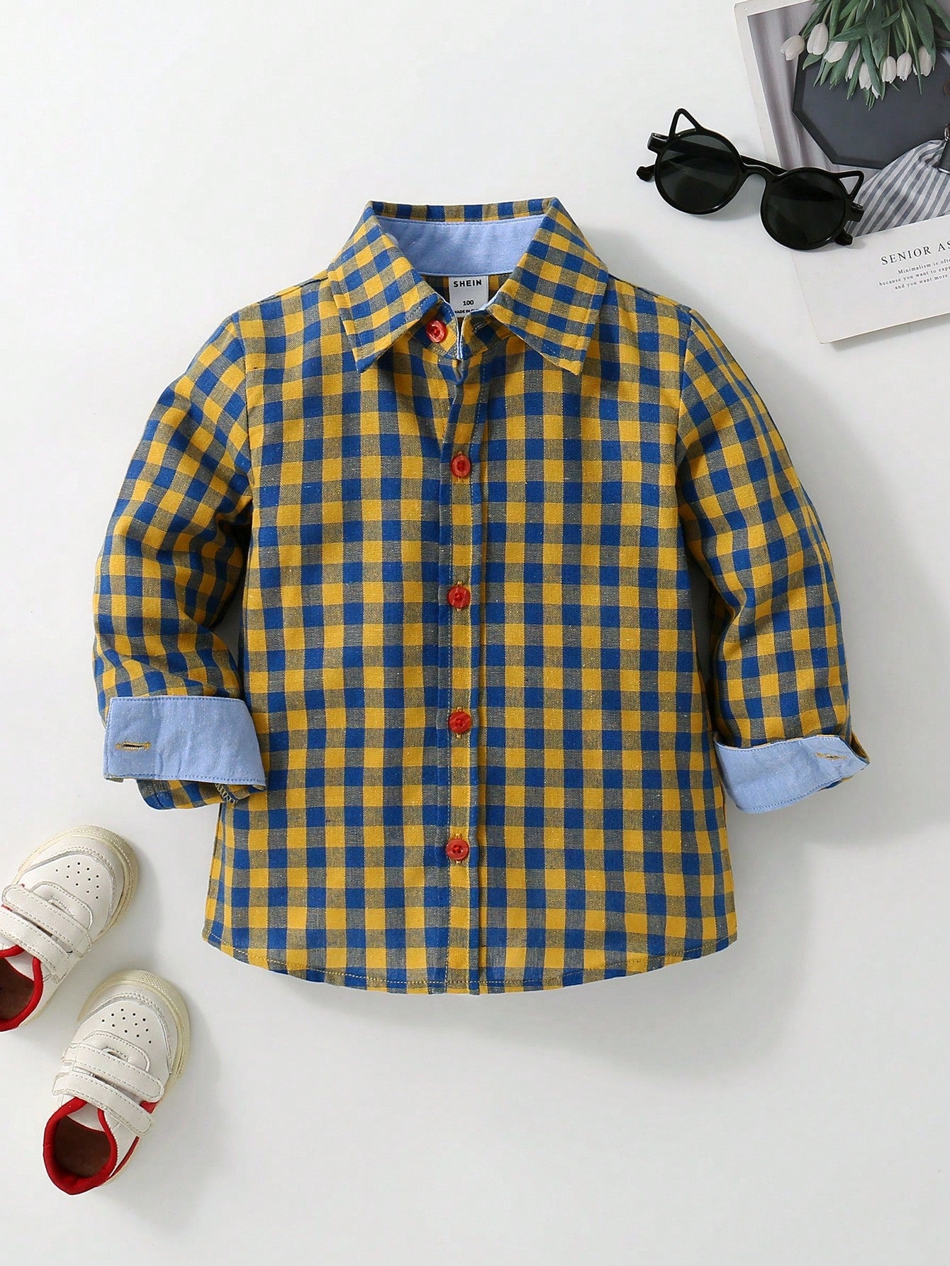 Young Boy Gingham Print Button Up Shirt