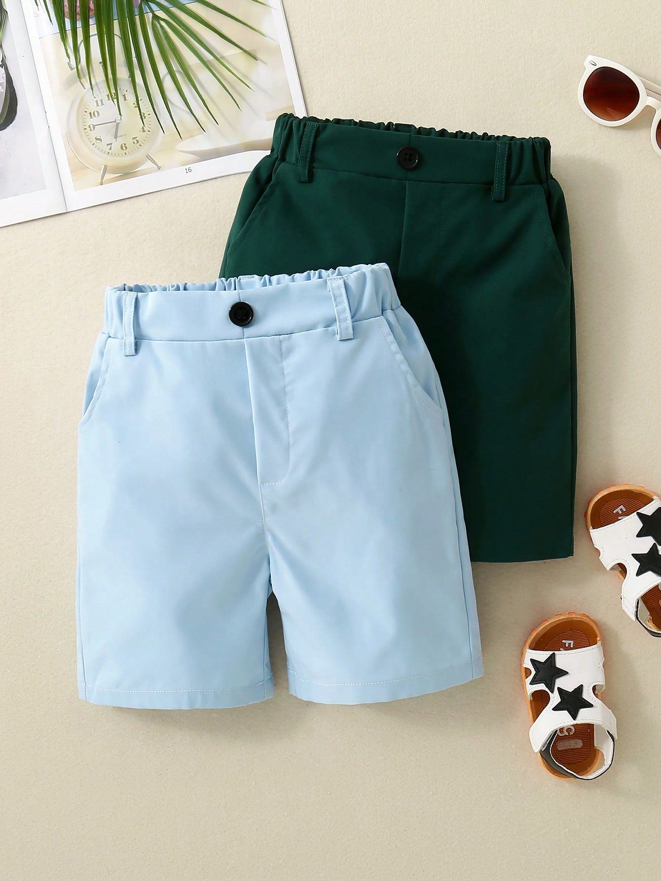 Young Boy 2pcs/Set Casual Solid Color Shorts With Pockets For Daily Wear, Parties And Vacations In Summer