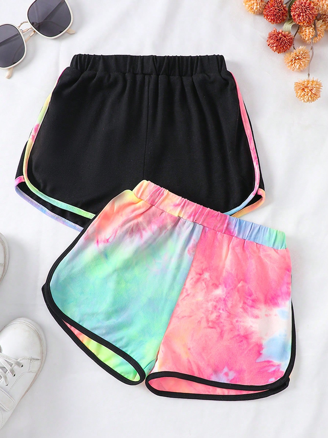 Young Girl Knitted Plain Tie Dyeing Casual Vacation Shorts Set