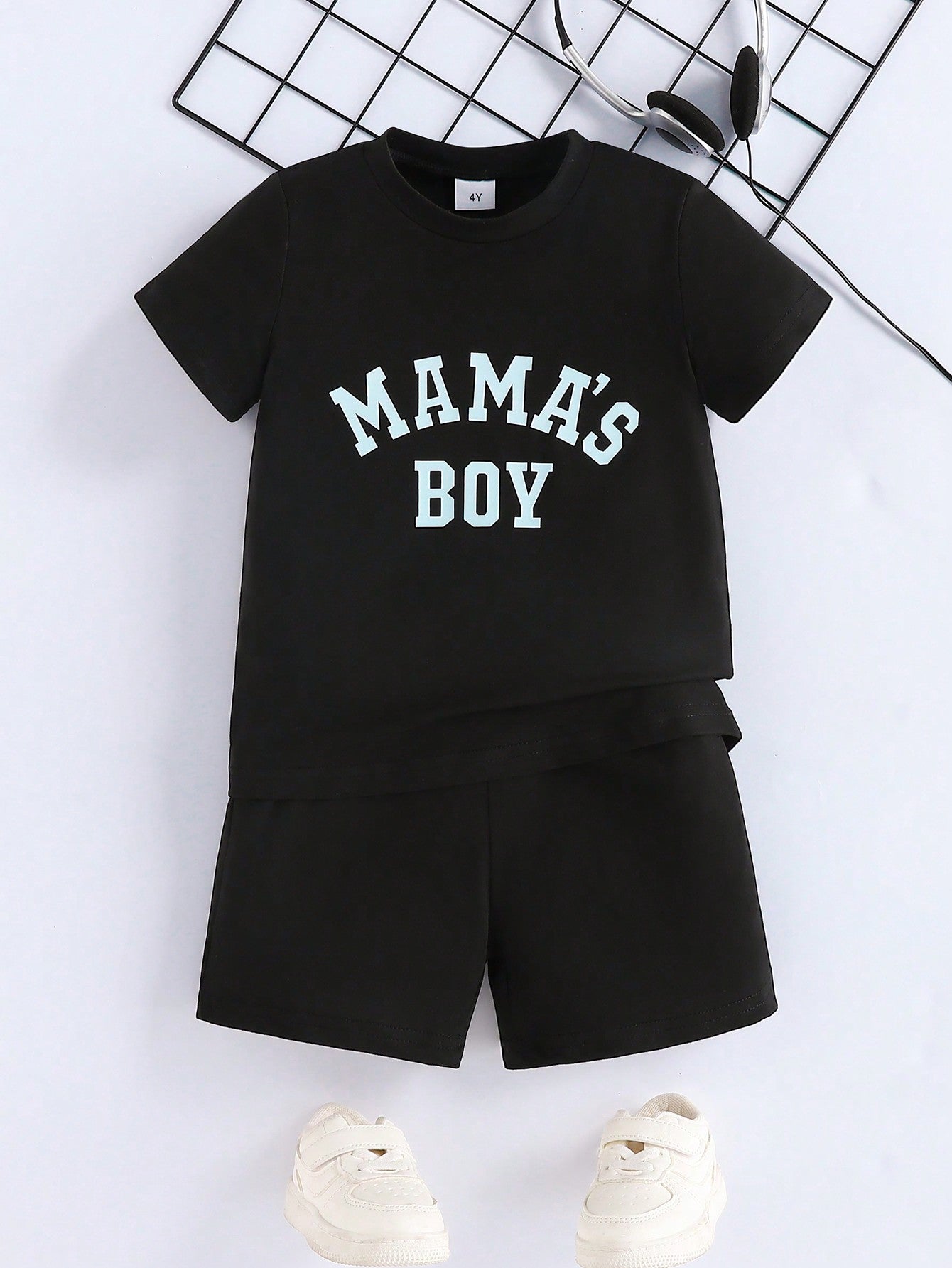 Young Boy Leisure Slogan Graphic Tee & Shorts For Summer