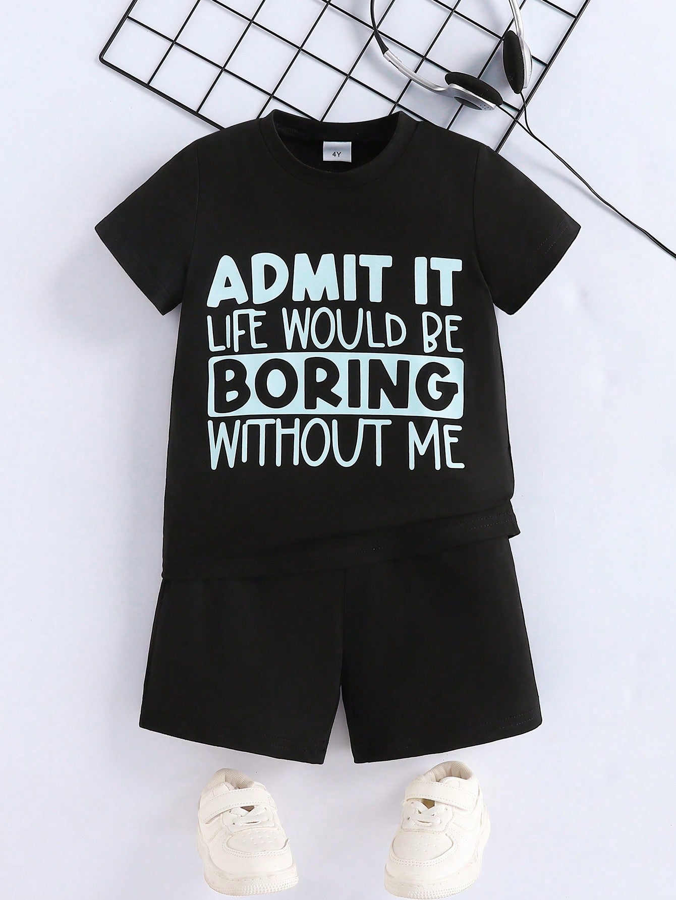 Young Boy Leisure Slogan Graphic Tee & Shorts For Summer