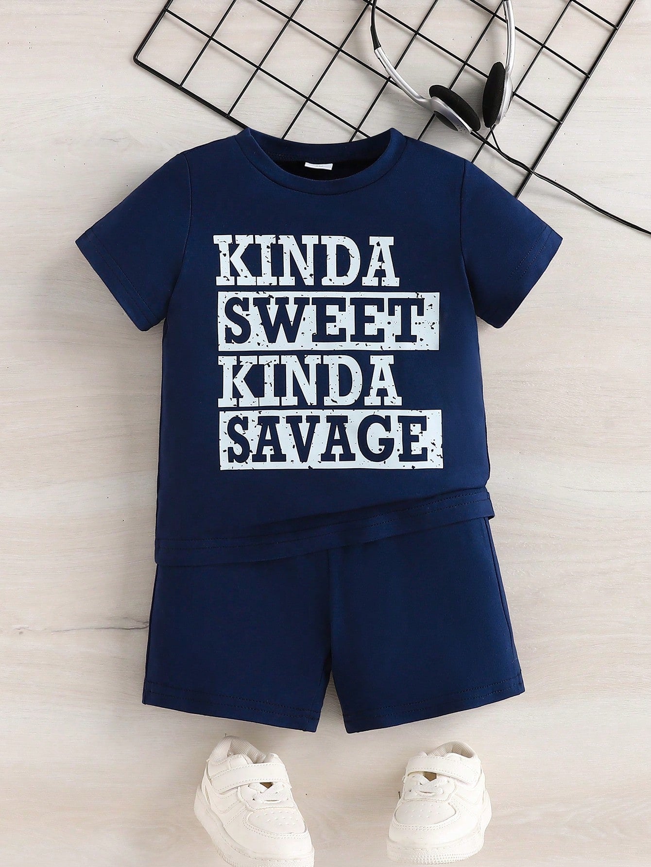 Young Boy Leisure Slogan Graphic Tee & Shorts For Summer