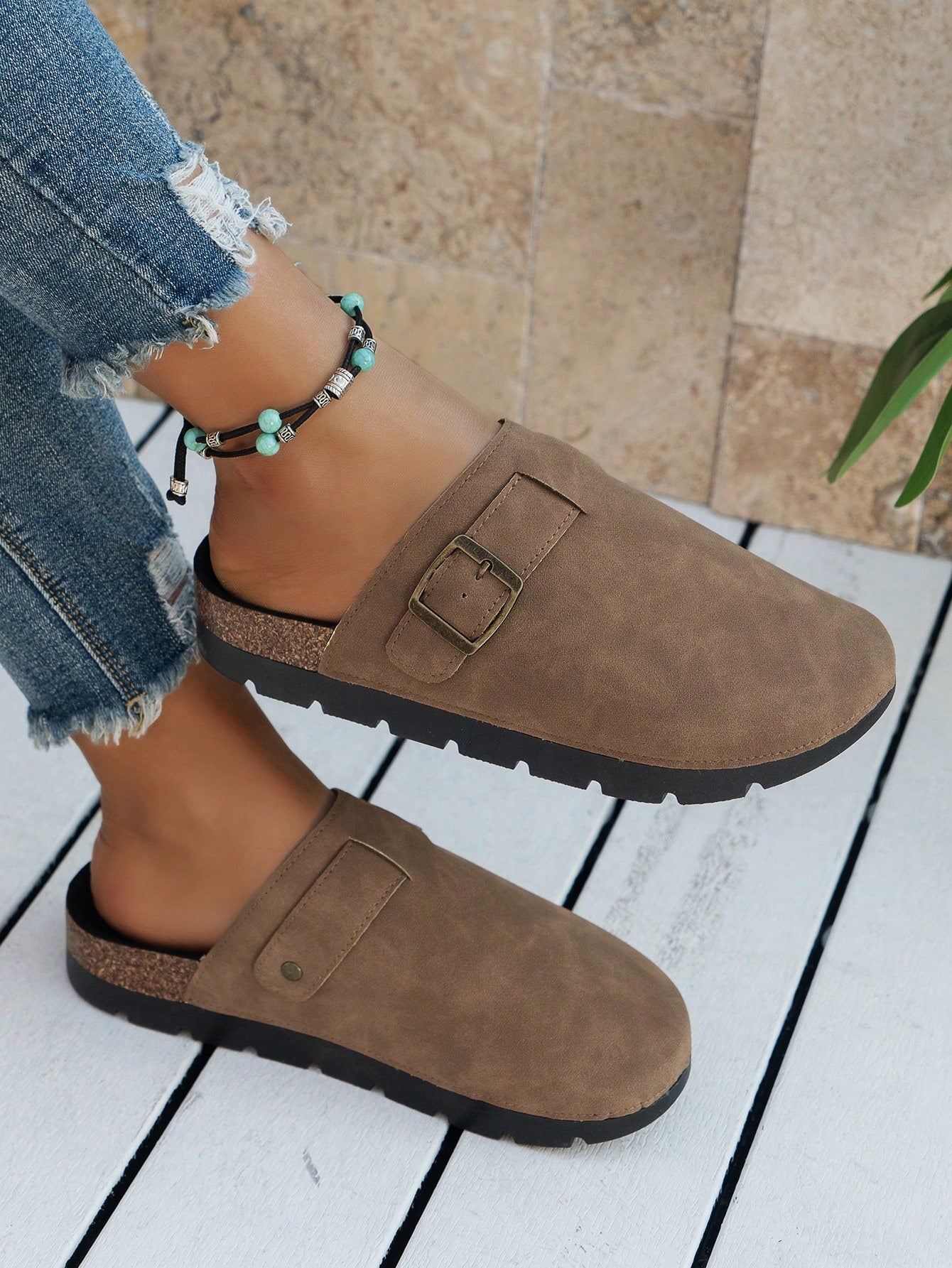 Spring Summer Women's Indoor Outdoor Anti-Slip Fashionable Casual Loafers, Cork Thick Bottom Flat Heel Half-Covered Slippers, Buckle Free Slip-On Slipper