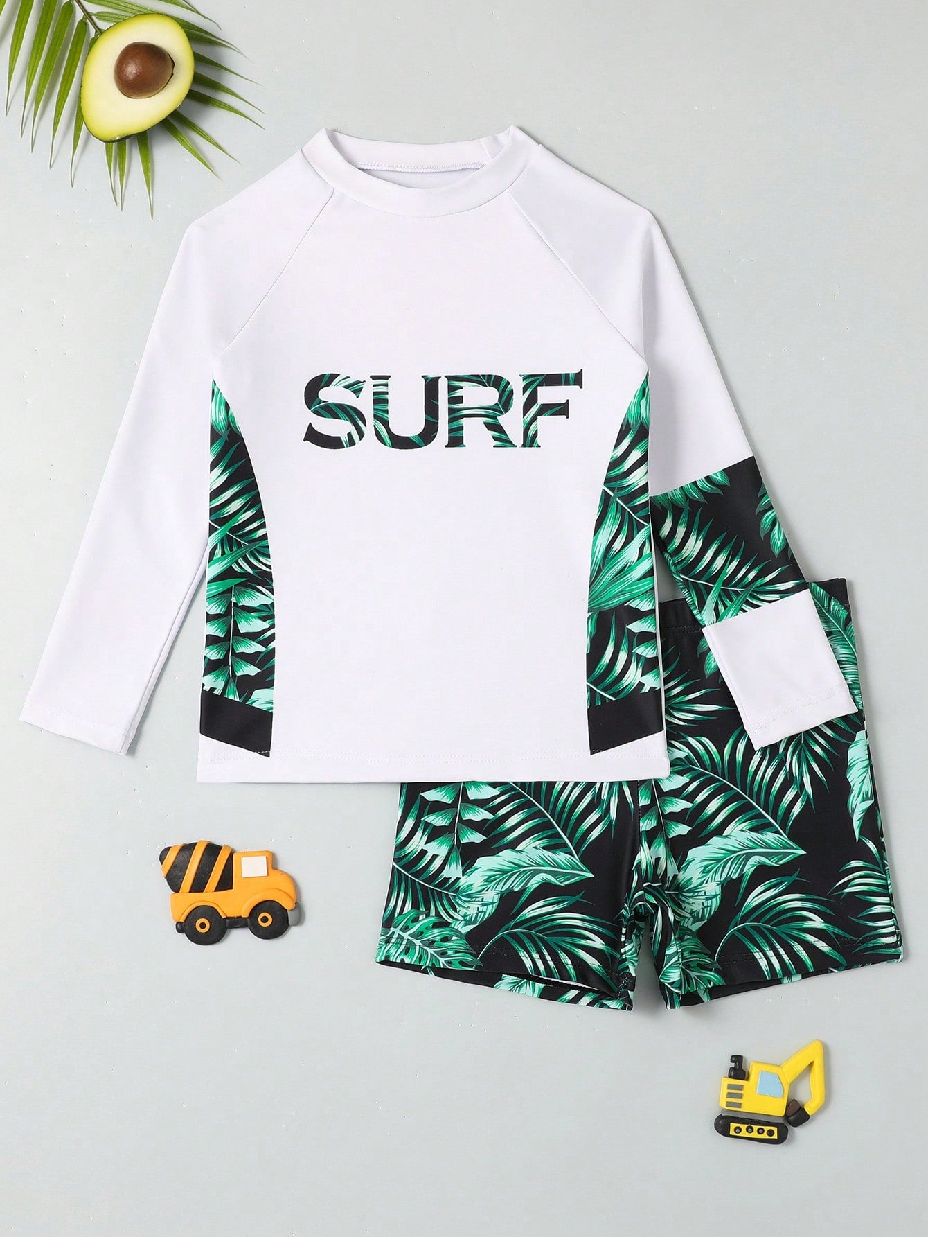 Young Boy Surfing Theme Print Raglan Sleeve Top And Random Print Swim Shorts Set