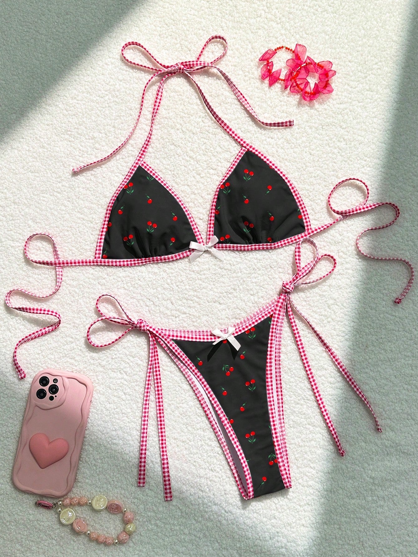 Swim Mod Summer Beach Women's Cute Style Cherry Printed Bikini Set (Separates) Cute Bathing Suits