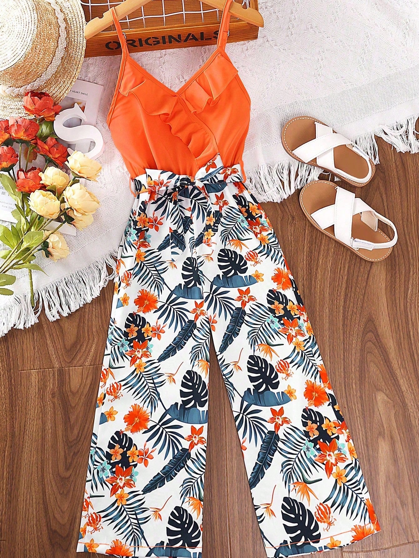 Teen Girls' Floral Print Vacation Style Sleeveless Cami Jumpsuit