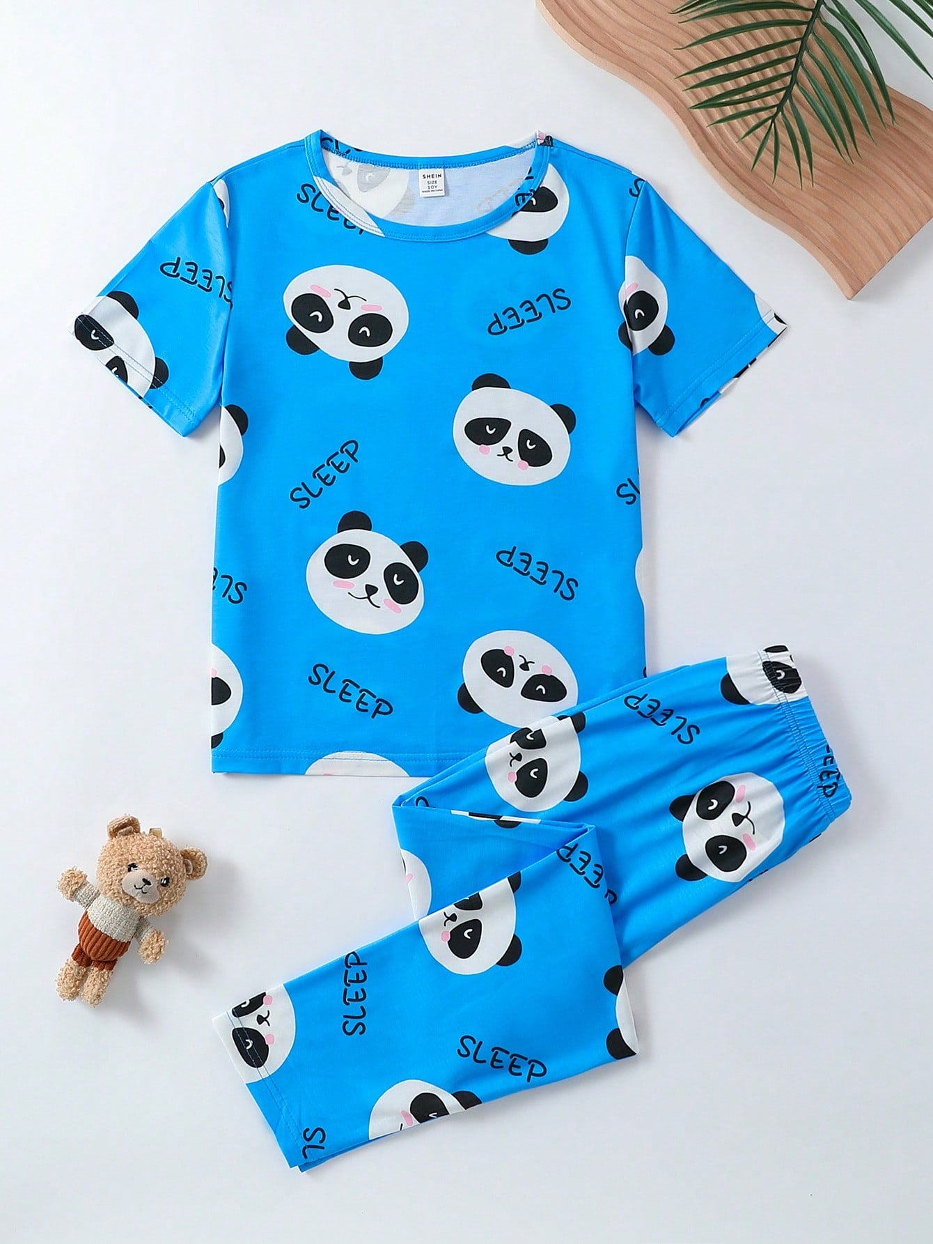 Tween Boy's Blue Simple Panda Head Print Short Sleeve Top And Pants Casual Pajama Set